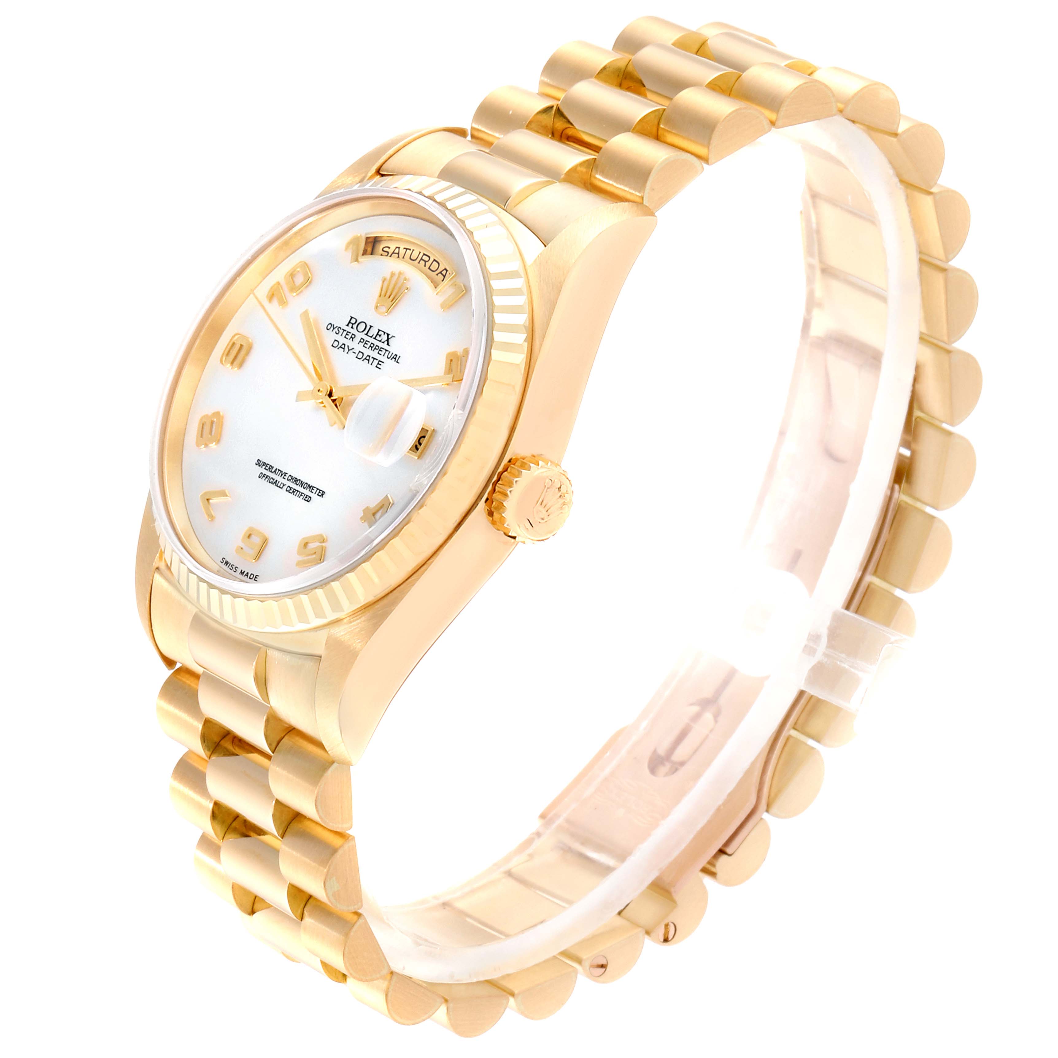 The image shows a side and partial top view of a Rolex President 18238 Men's Yellow Gold Mother of Pearl Dial 18238 Men's Yellow Gold Mother of Pearl Dial model watch, highlighting its gold case, bracelet, and dial.