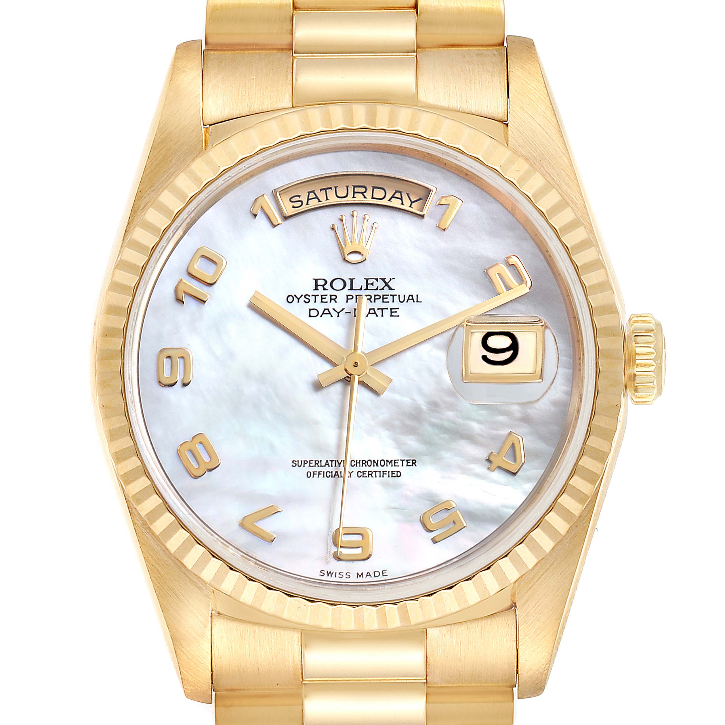 The image shows a front view of a Rolex President 18238 Men's Yellow Gold Mother of Pearl Dial 18238 Men's Yellow Gold Mother of Pearl Dial model watch, highlighting the dial, day/date indicators, and gold bracelet.