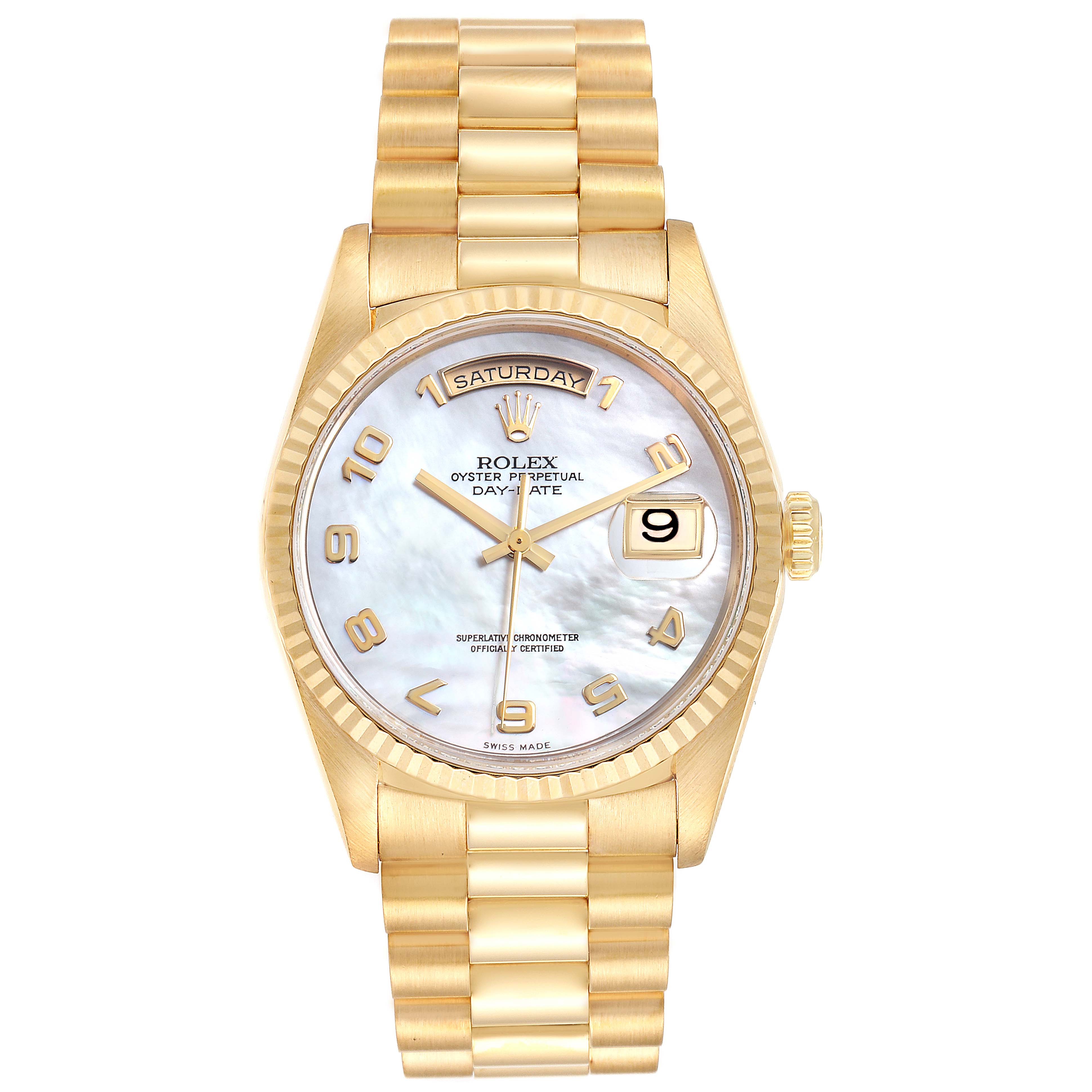 This image shows a front view of a Rolex President 18238 Men's Yellow Gold Mother of Pearl Dial 18238 Men's Yellow Gold Mother of Pearl Dial model watch, highlighting its gold bracelet, fluted bezel, and day-date display.