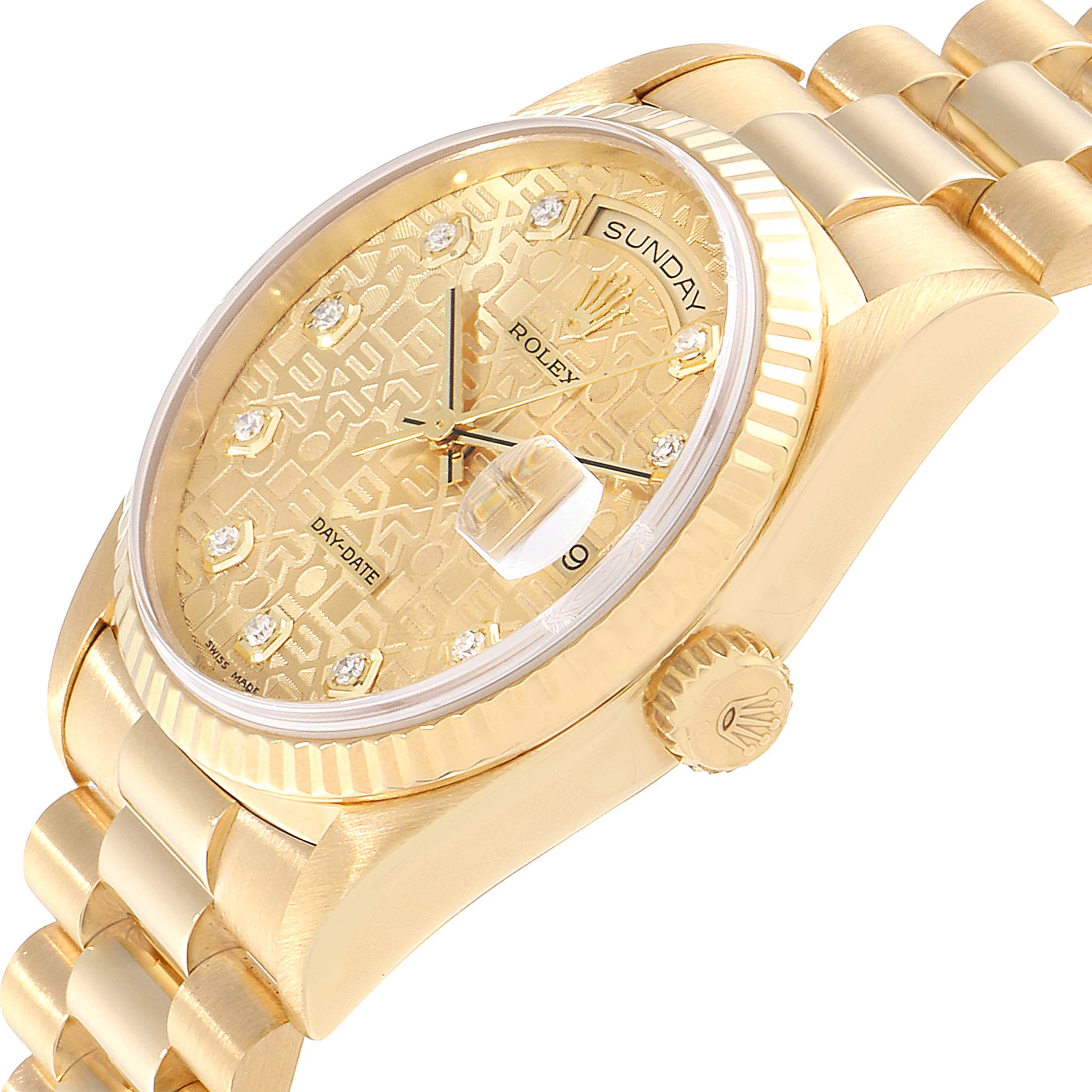 The image shows a close-up angled view of a Rolex President 18238 Men's Yellow Gold Champagne Dial 18238 Men's Yellow Gold Champagne Dial model watch, depicting the dial, crown, and part of the bracelet.