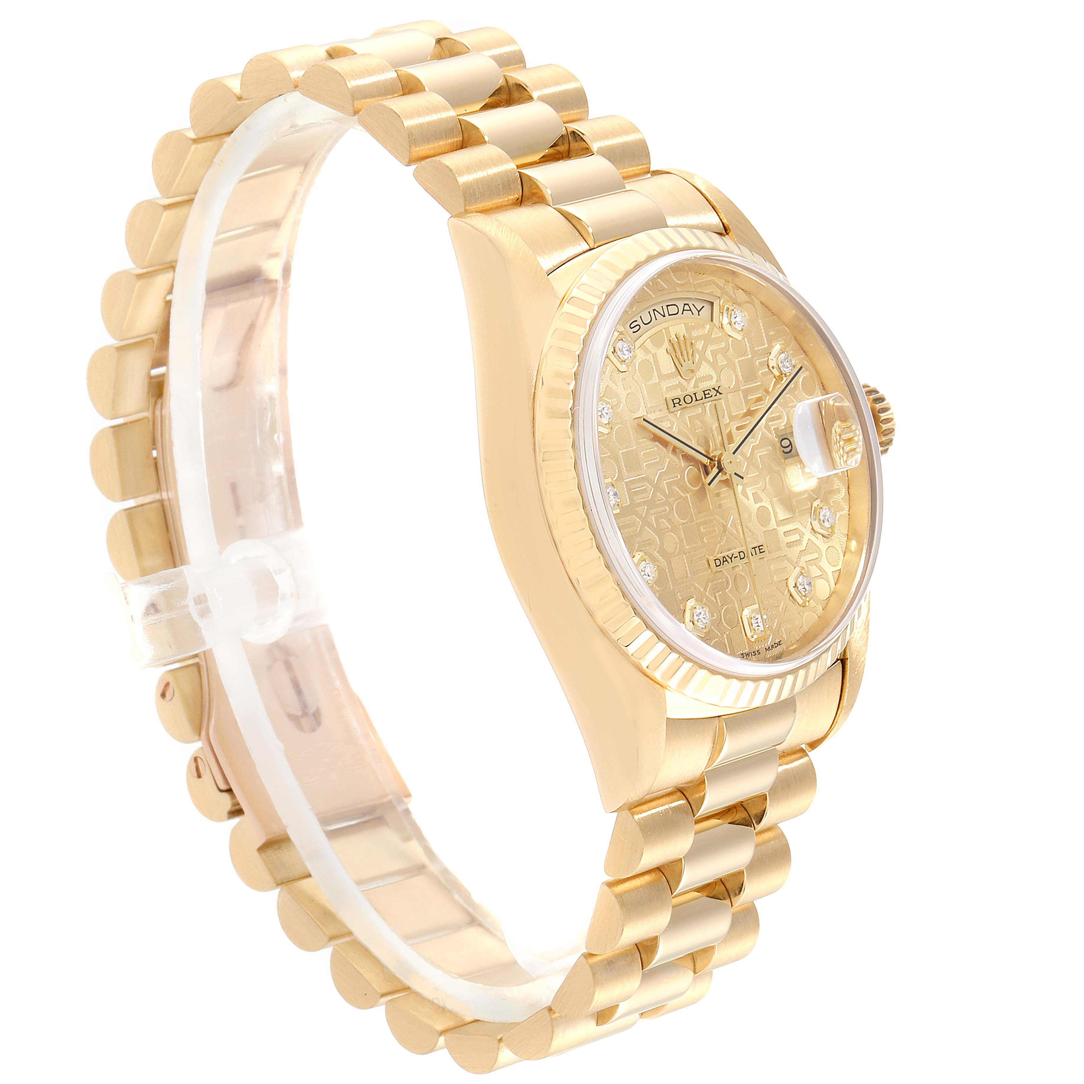 The image shows a Rolex President 18238 Men's Yellow Gold Champagne Dial 18238 Men's Yellow Gold Champagne Dial model watch at a three-quarter angle, highlighting the band, face, and side profile.