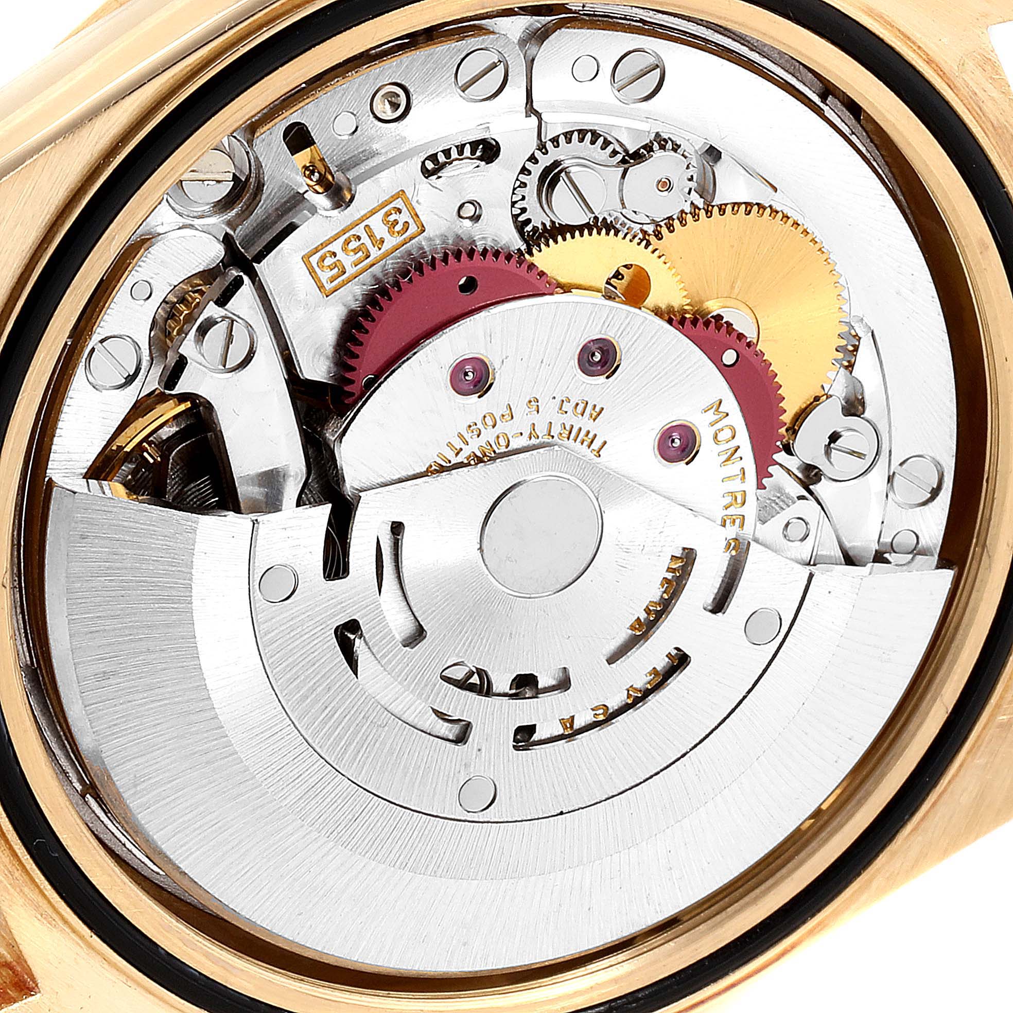 This image shows the internal mechanical movement of the Rolex President 18238 Men's Yellow Gold Champagne Dial 18238 Men's Yellow Gold Champagne Dial model watch from a rear angle.