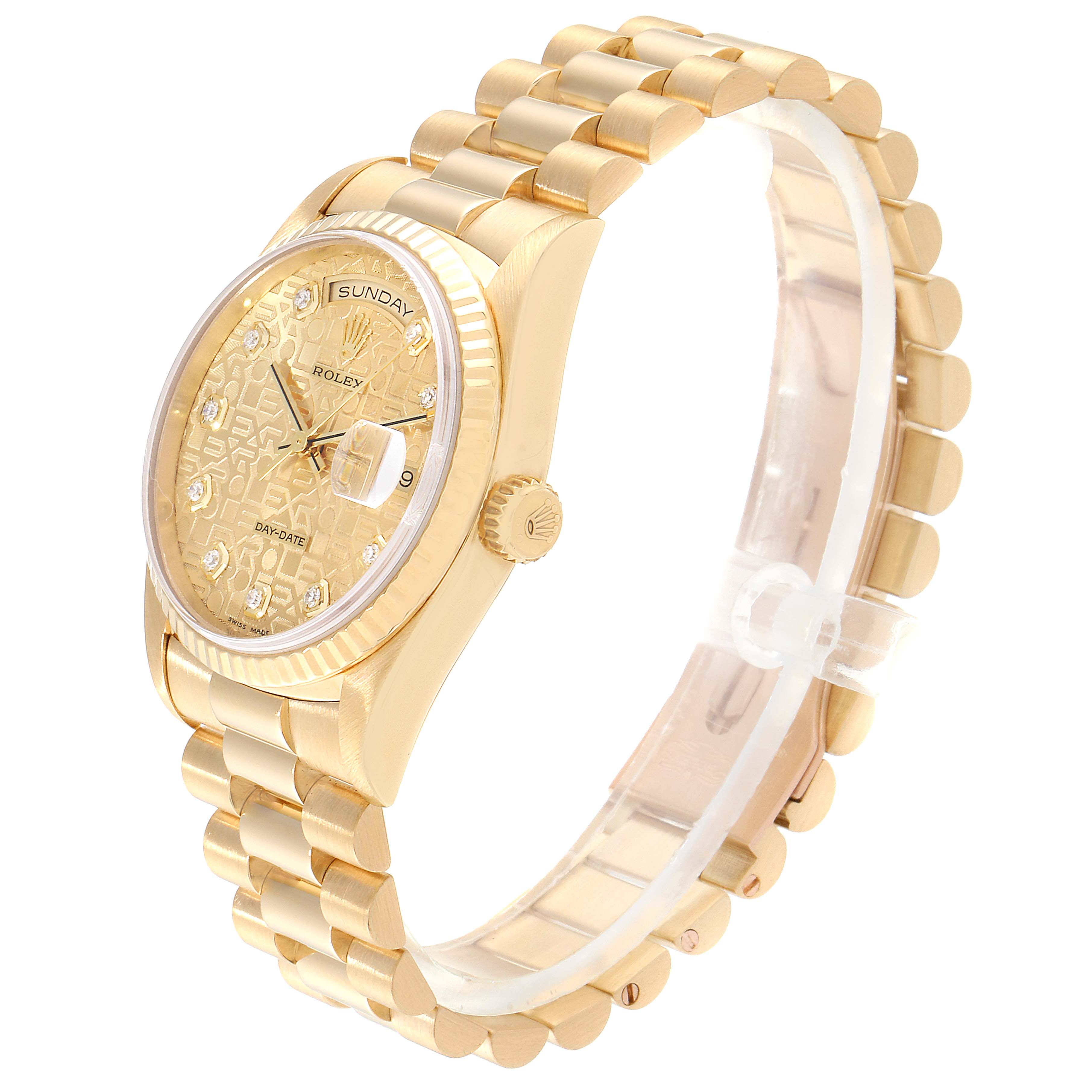 The Rolex President 18238 Men's Yellow Gold Champagne Dial 18238 Men's Yellow Gold Champagne Dial model watch is shown at an angle highlighting the dial, bezel, crown, and band.