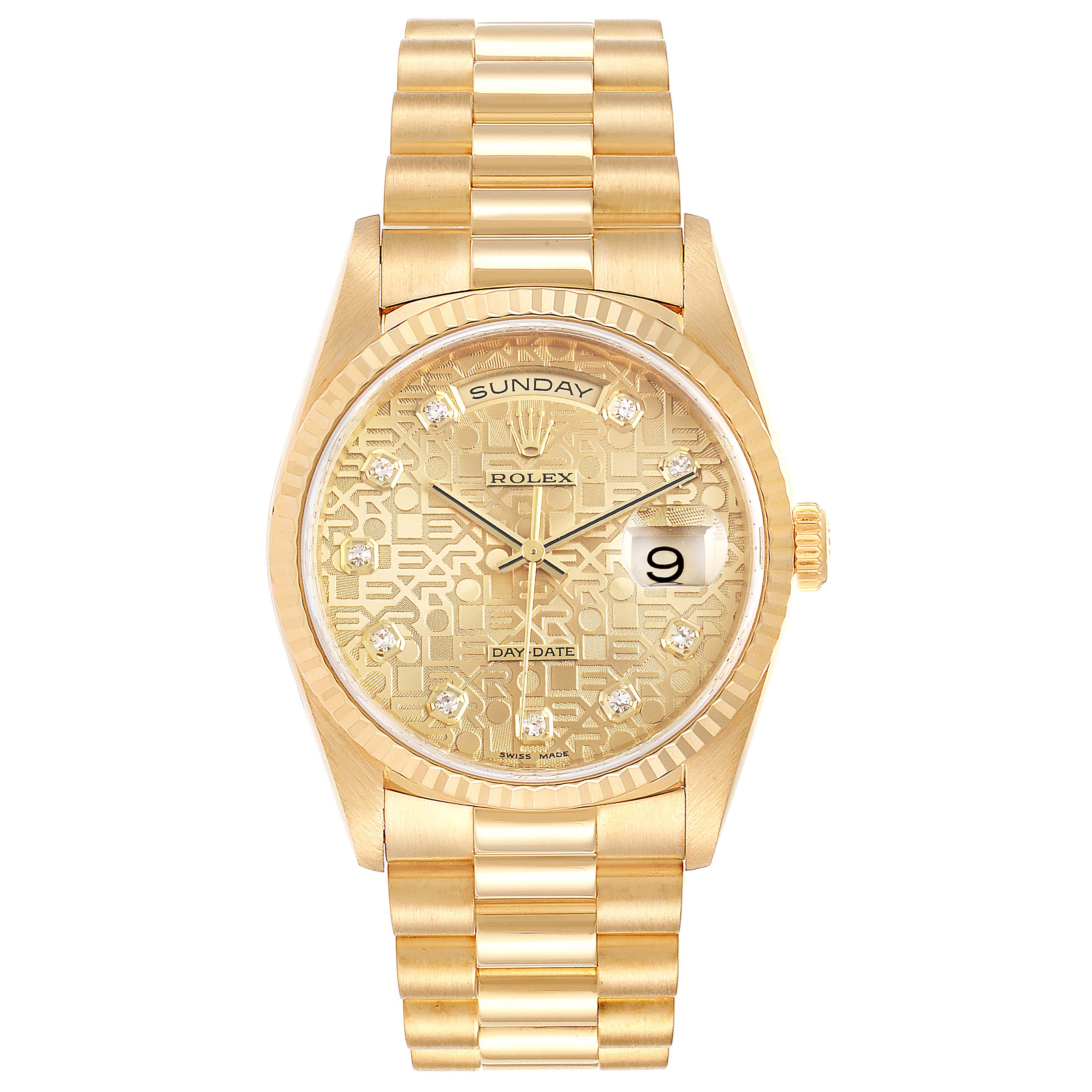 The image shows a Rolex President 18238 Men's Yellow Gold Champagne Dial 18238 Men's Yellow Gold Champagne Dial model watch from a front perspective, detailing the face, bezel, and bracelet.
