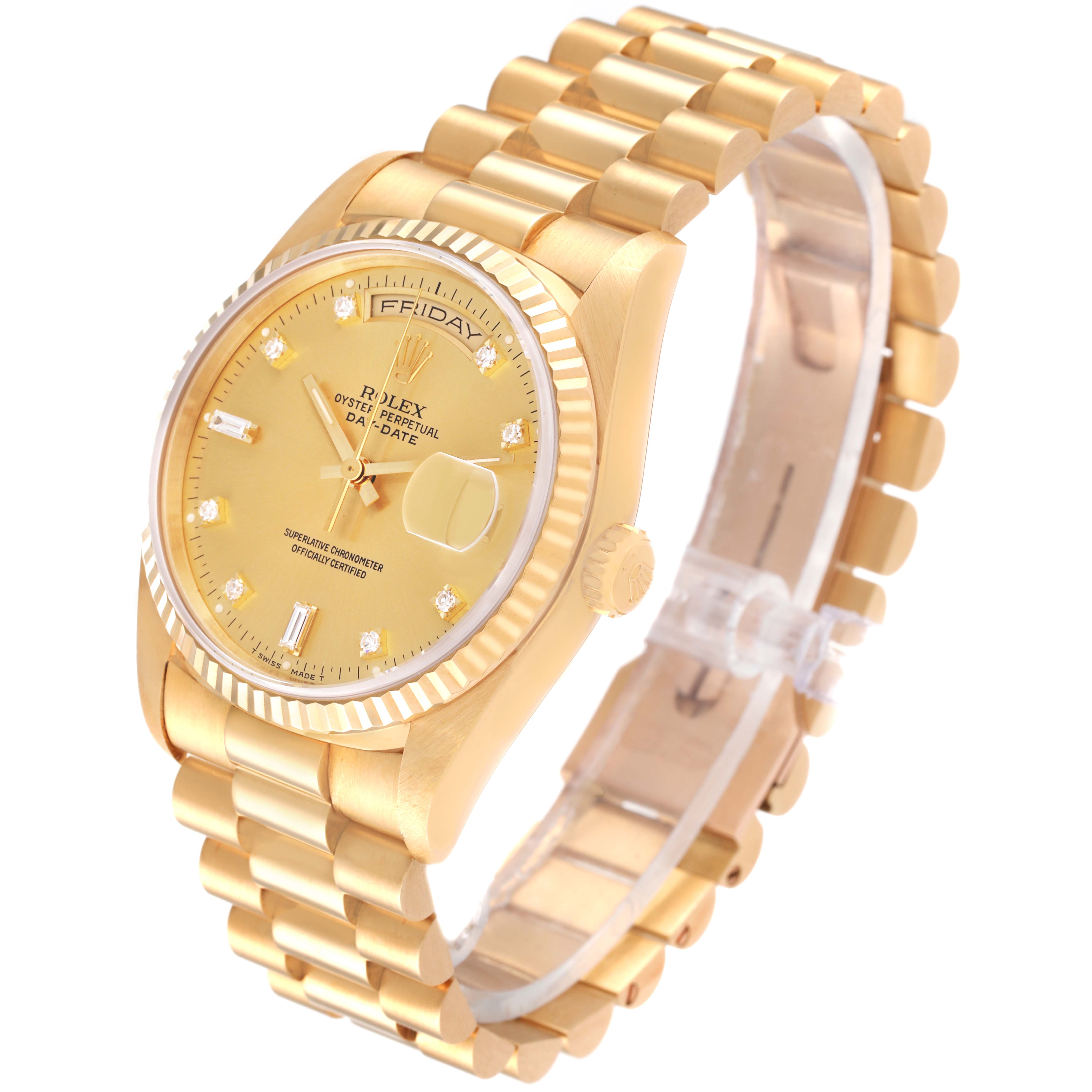 The image shows a side angle of a Rolex President 18238 Men
s Yellow Gold Champagne Dial 18238 Men
s Yellow Gold Champagne Dial model watch, highlighting its gold bracelet, dial, and crown.
