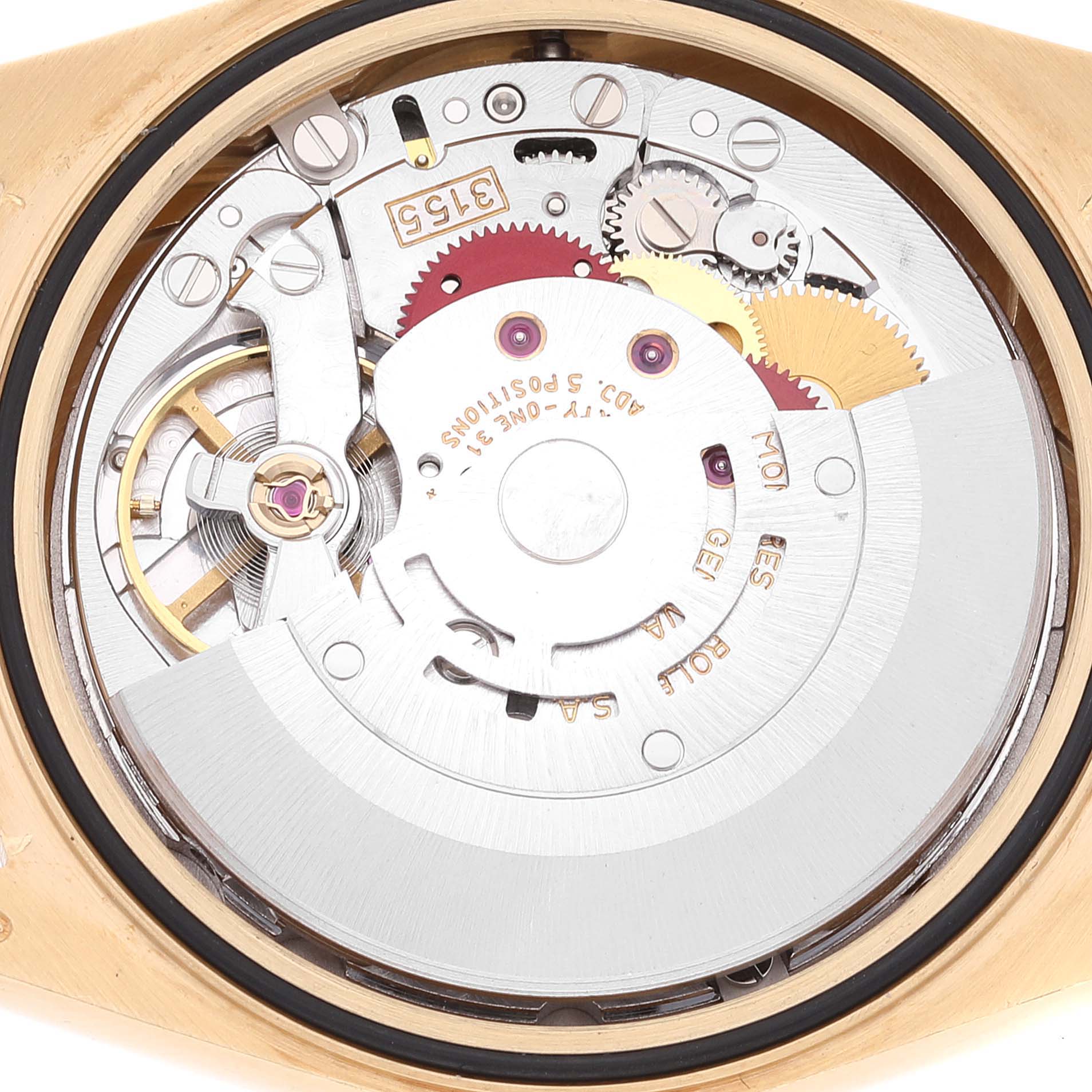 This is an inside view of the movement mechanism of a Rolex President 18238 Men
s Yellow Gold Champagne Dial 18238 Men
s Yellow Gold Champagne Dial model watch.