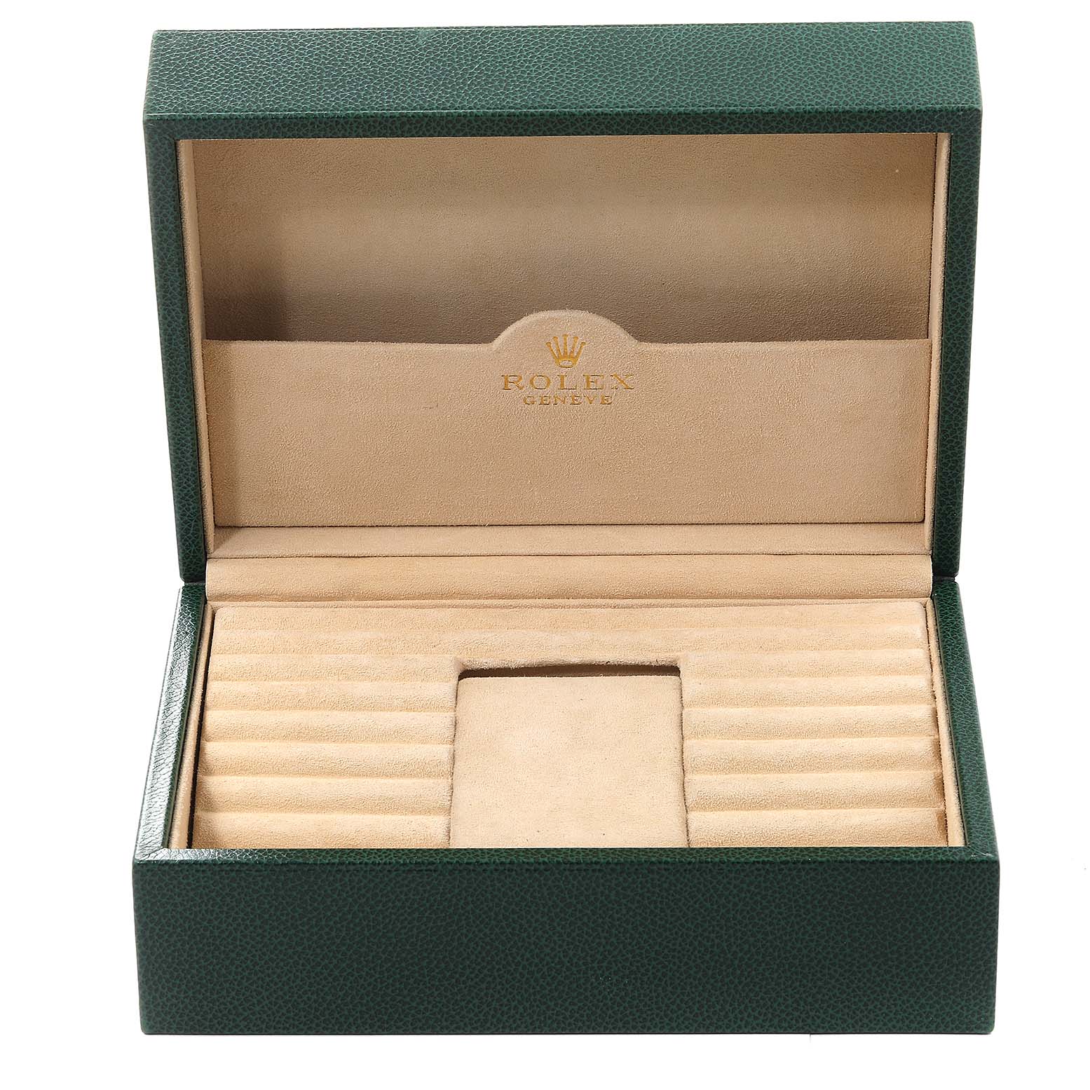 This image shows an open green Rolex box for the President model, displaying its interior compartments and the Rolex logo.
