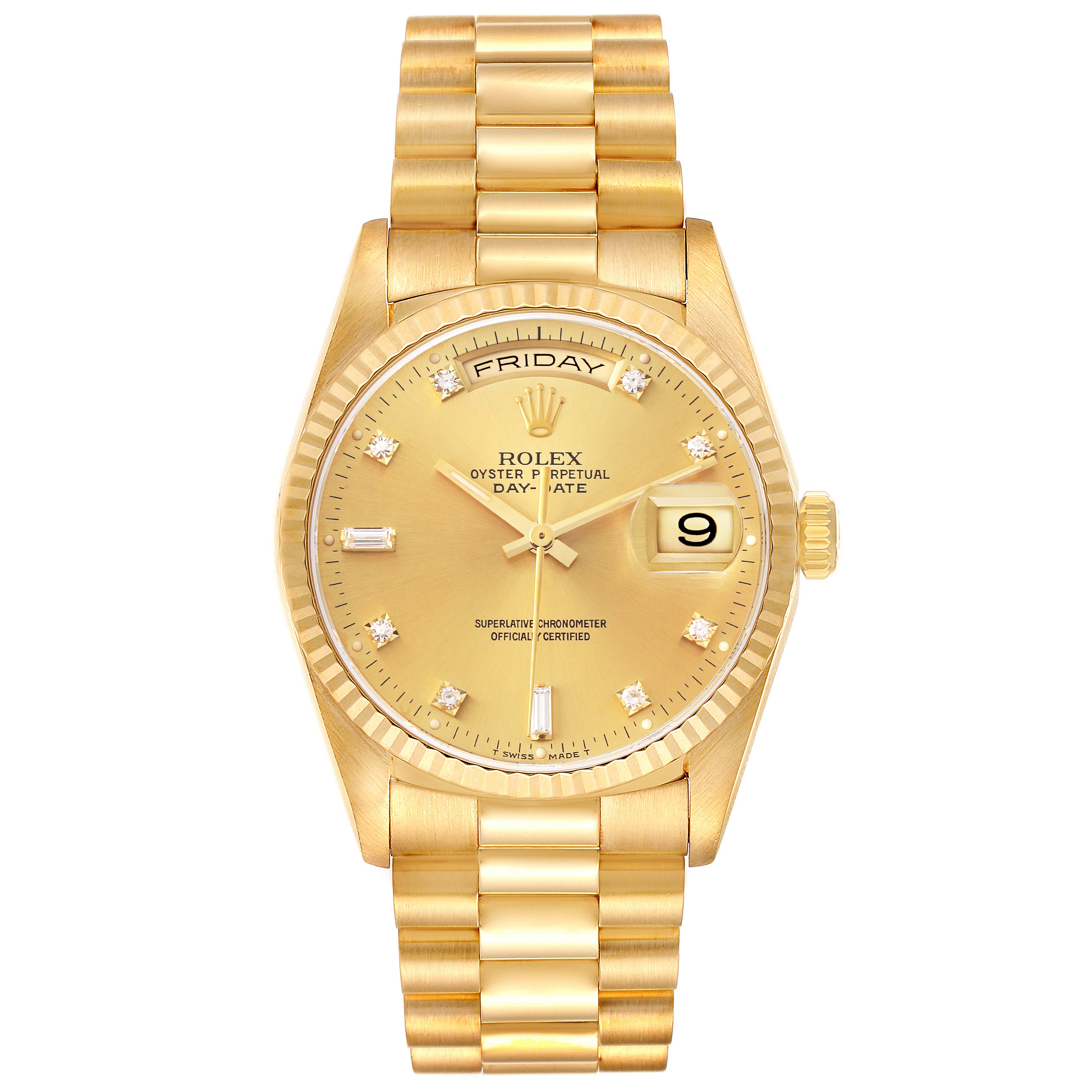 The image shows a front view of a gold Rolex President 18238 Men
s Yellow Gold Champagne Dial 18238 Men
s Yellow Gold Champagne Dial model watch, displaying its face, bracelet, and day-date feature.
