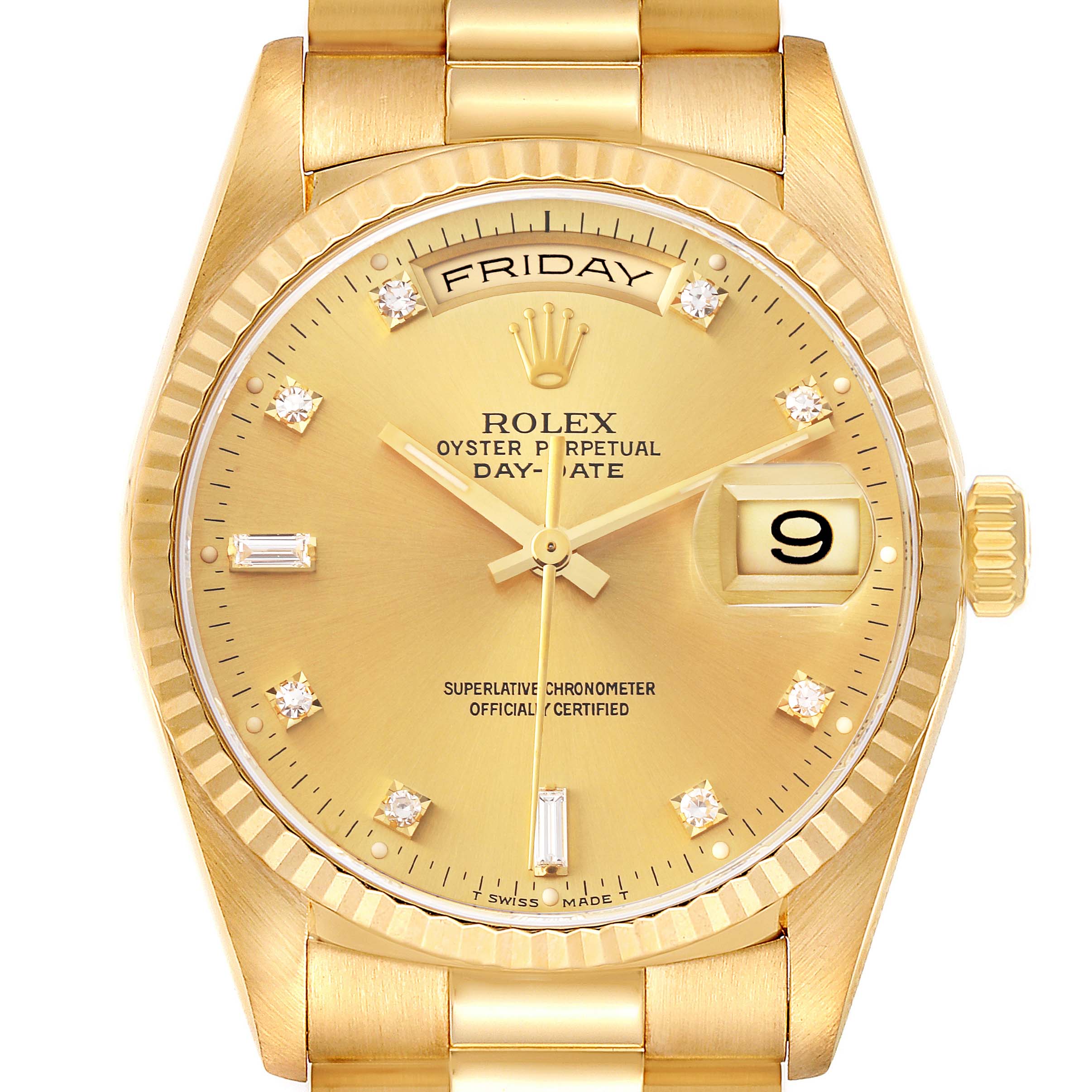 The image shows a close-up, front view of the Rolex President 18238 Men
s Yellow Gold Champagne Dial 18238 Men
s Yellow Gold Champagne Dial model, highlighting the dial, day-date display, and bracelet.