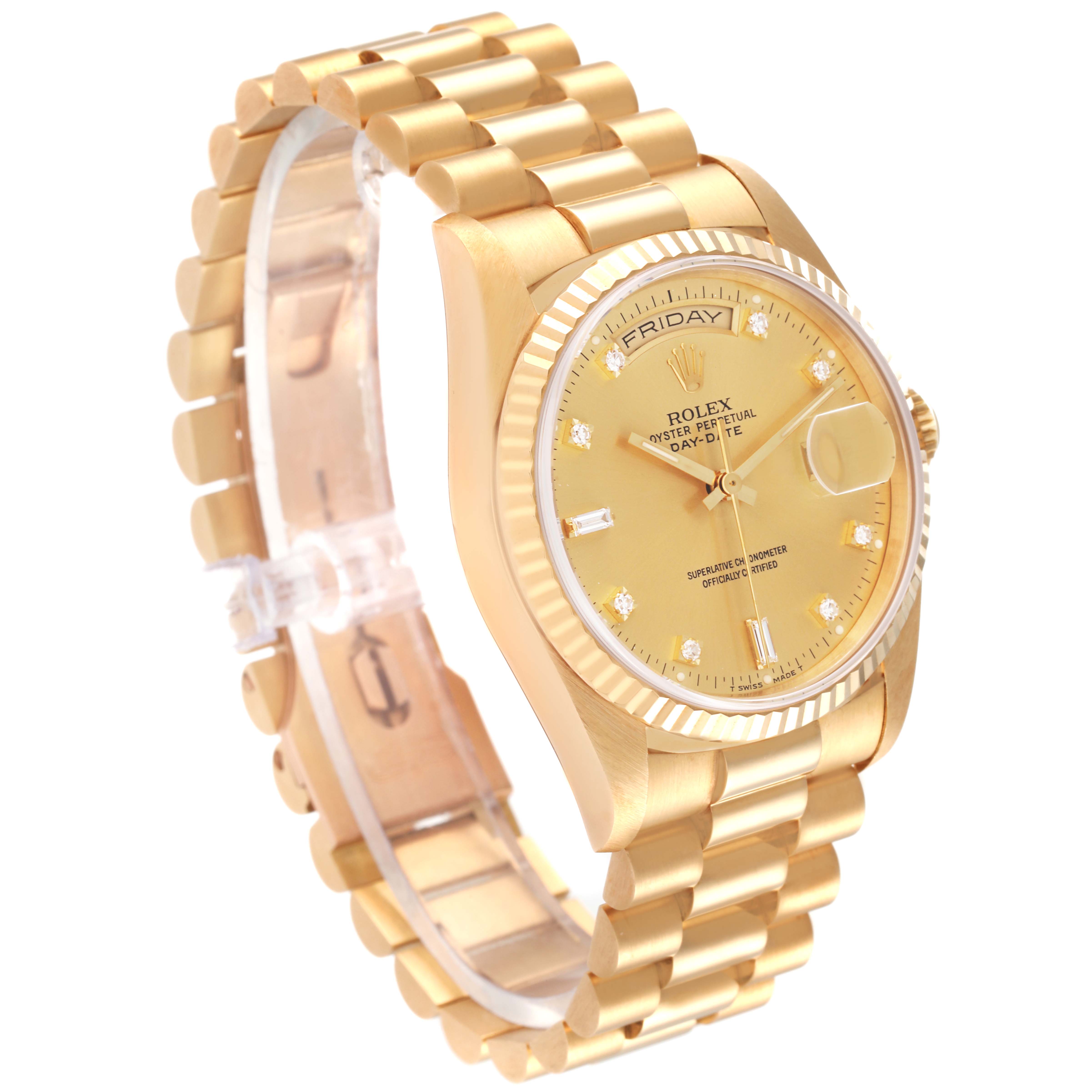 The image shows a Rolex President 18238 Men
s Yellow Gold Champagne Dial 18238 Men
s Yellow Gold Champagne Dial model watch at a three-quarter angle, highlighting its gold bracelet, bezel, and dial with day and date displays.