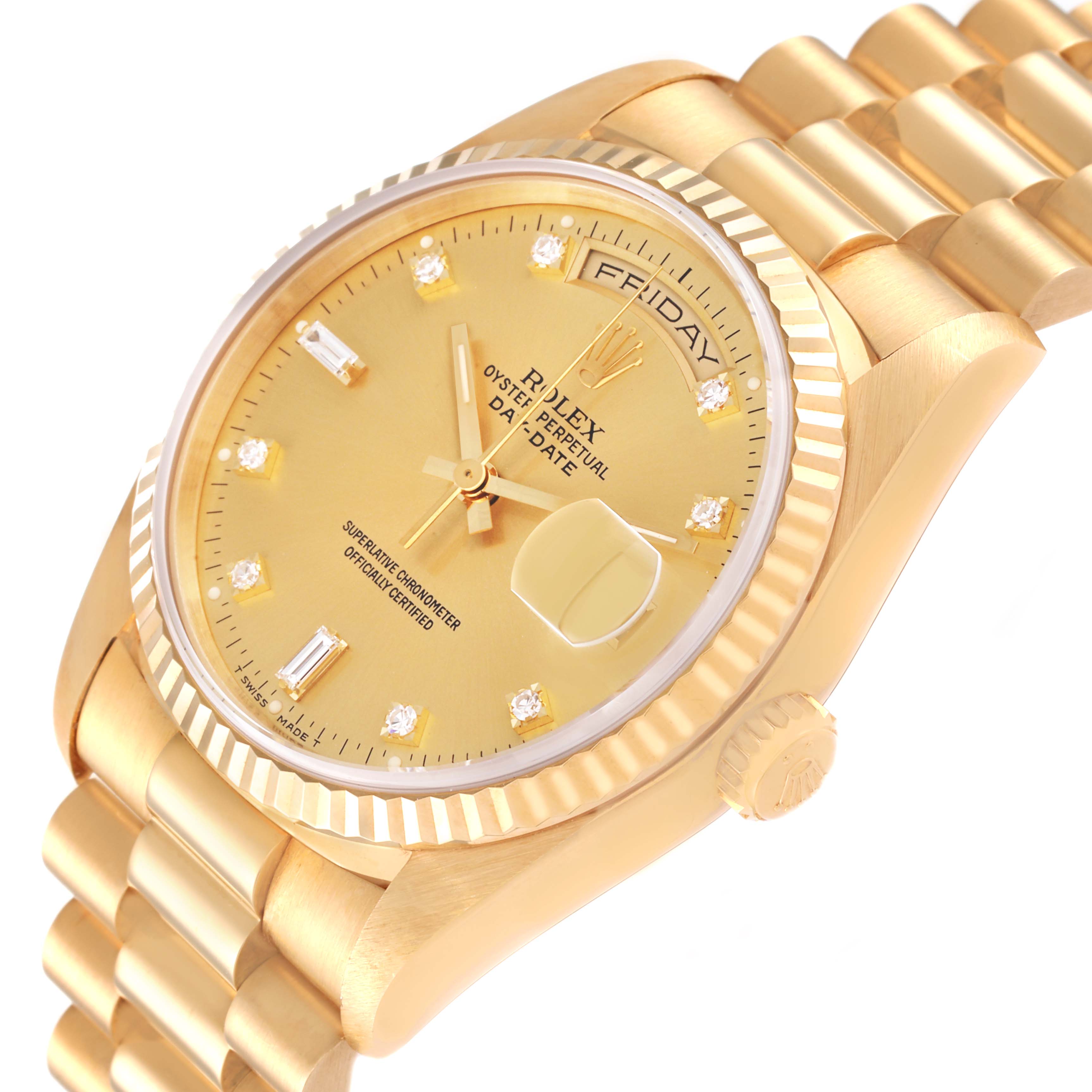 The image shows a side angle view of a Rolex President 18238 Men
s Yellow Gold Champagne Dial 18238 Men
s Yellow Gold Champagne Dial model watch, highlighting the case, dial, crown, and bracelet.