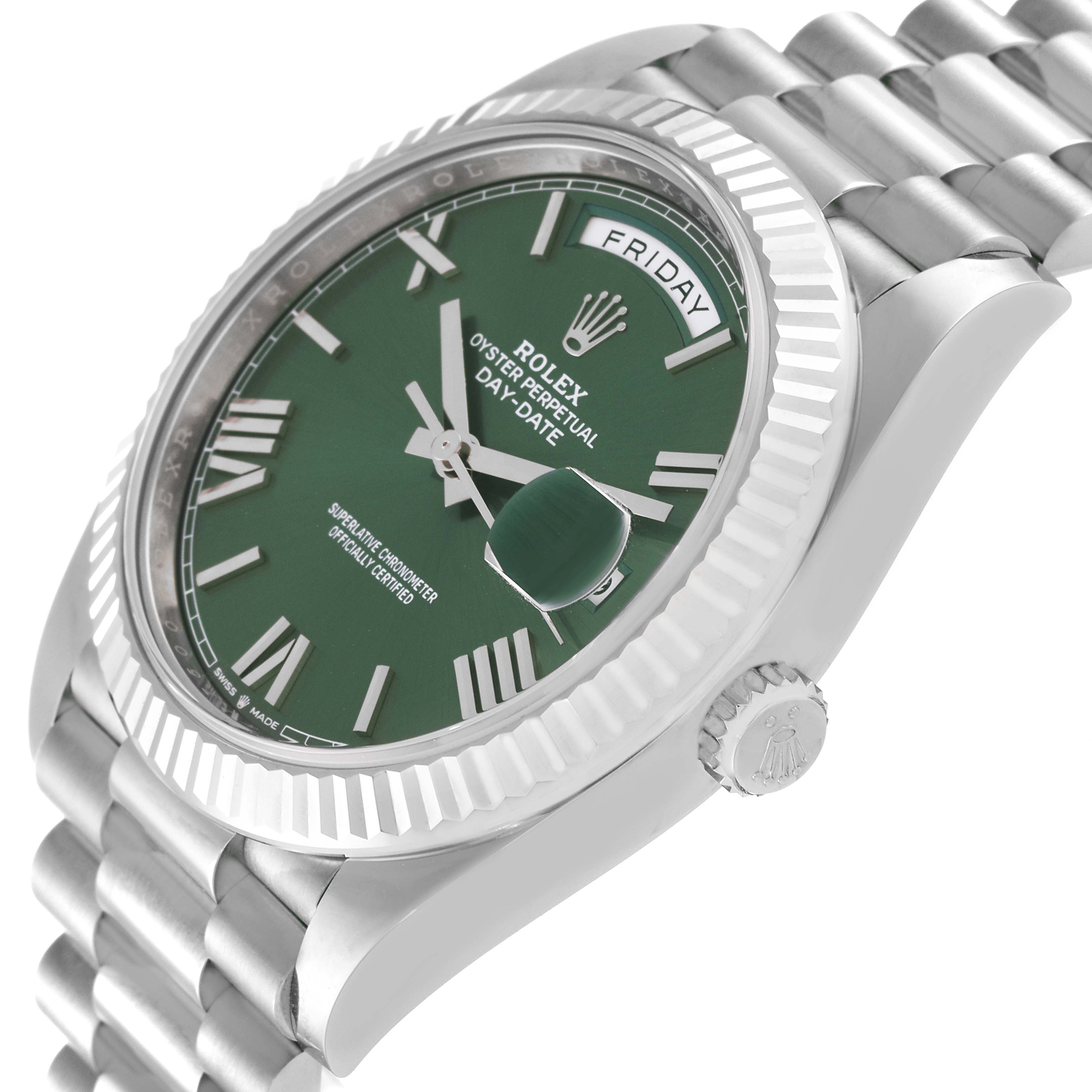 This image shows a side and partial top view of a Rolex President 228239 Men's White Gold Green Dial 228239 Men's White Gold Green Dial model watch, focusing on its green dial, bezel, crown, and part of the bracelet.