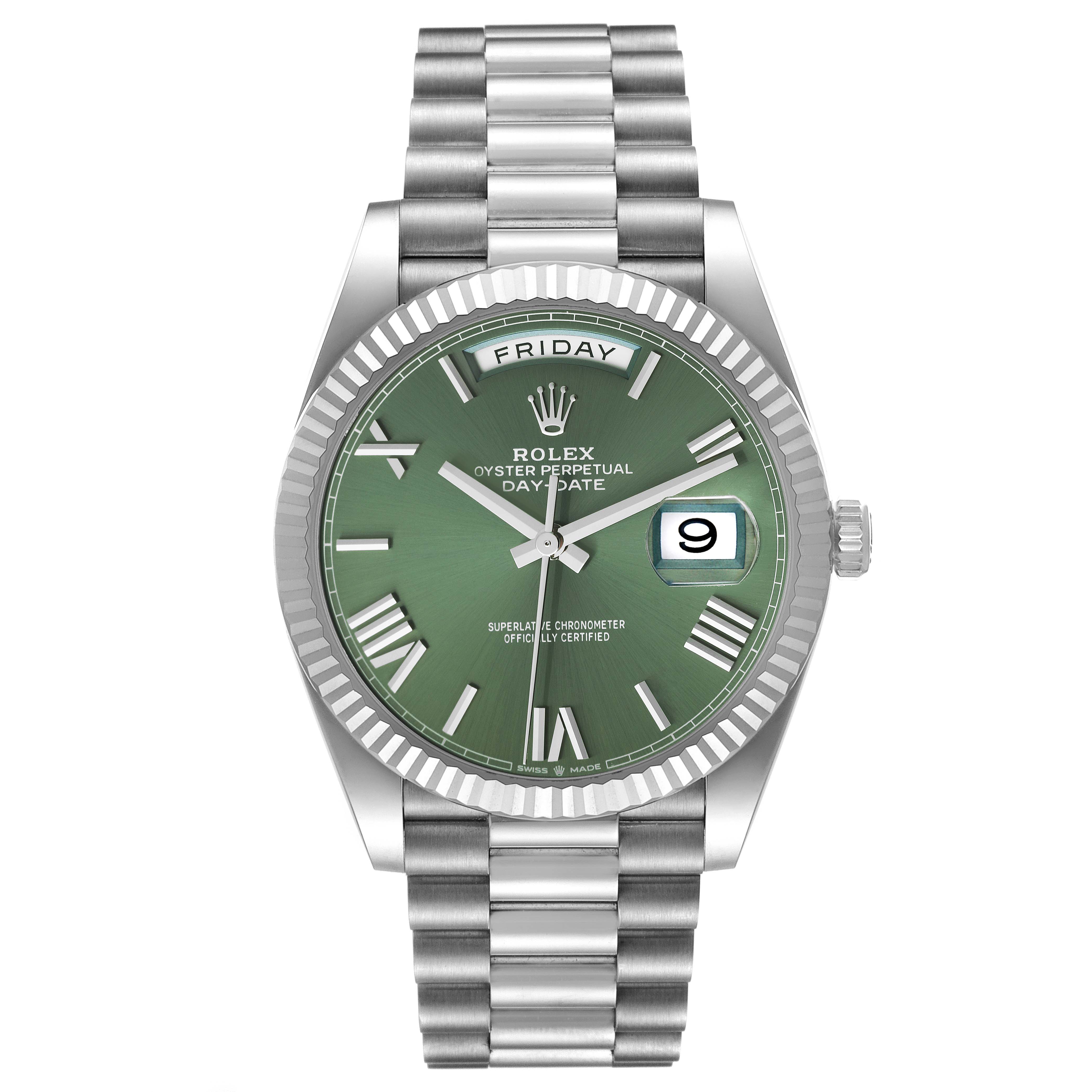 The image shows a front view of the Rolex President 228239 Men's White Gold Green Dial 228239 Men's White Gold Green Dial watch, displaying its green dial, day/date windows, and linked bracelet.