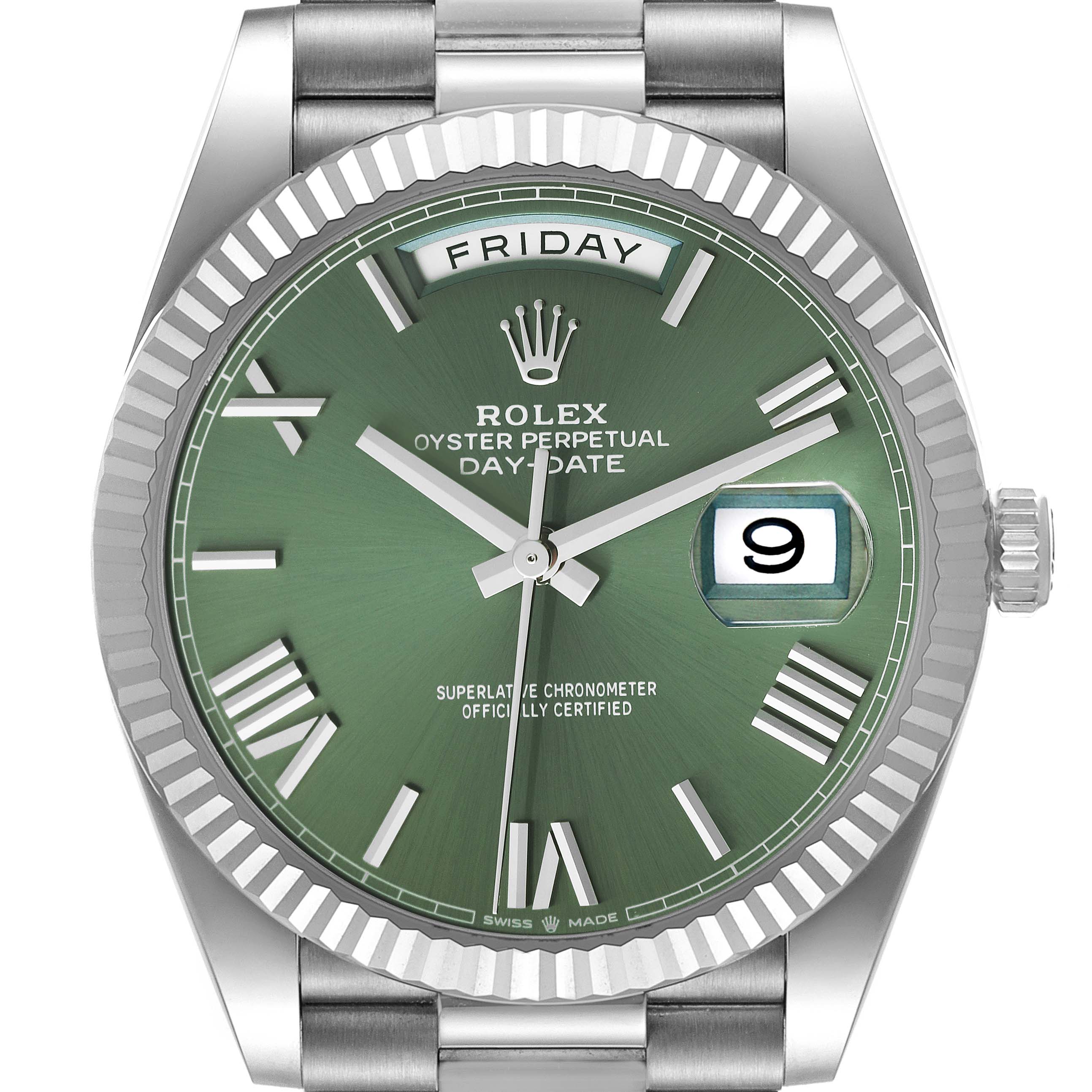 This Rolex President 228239 Men's White Gold Green Dial 228239 Men's White Gold Green Dial model watch is shown from a front angle, displaying the dial, bezel, crown, and part of the bracelet.