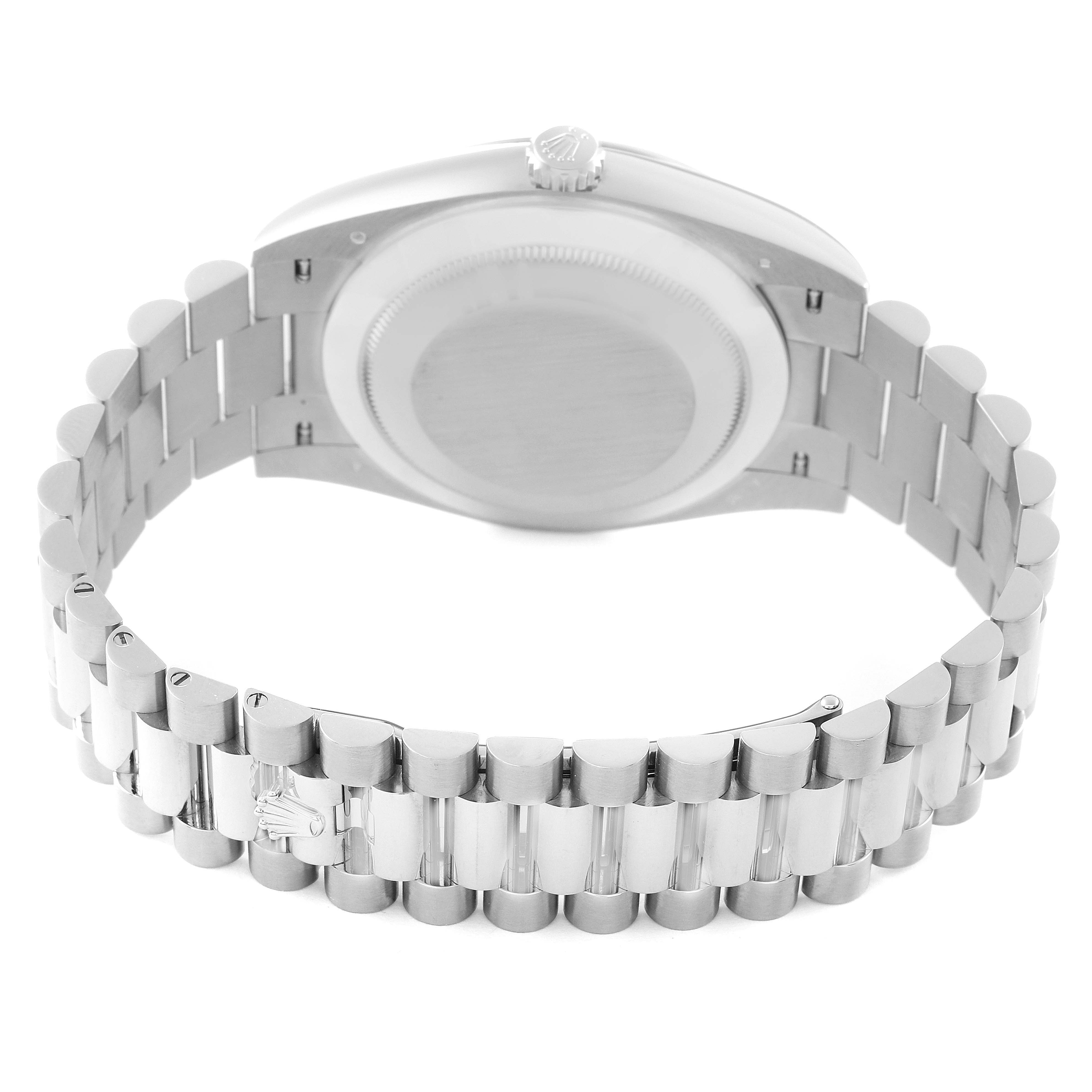 The image shows the back case and bracelet of a Rolex President 228239 Men's White Gold Green Dial 228239 Men's White Gold Green Dial model watch, viewed from the rear.