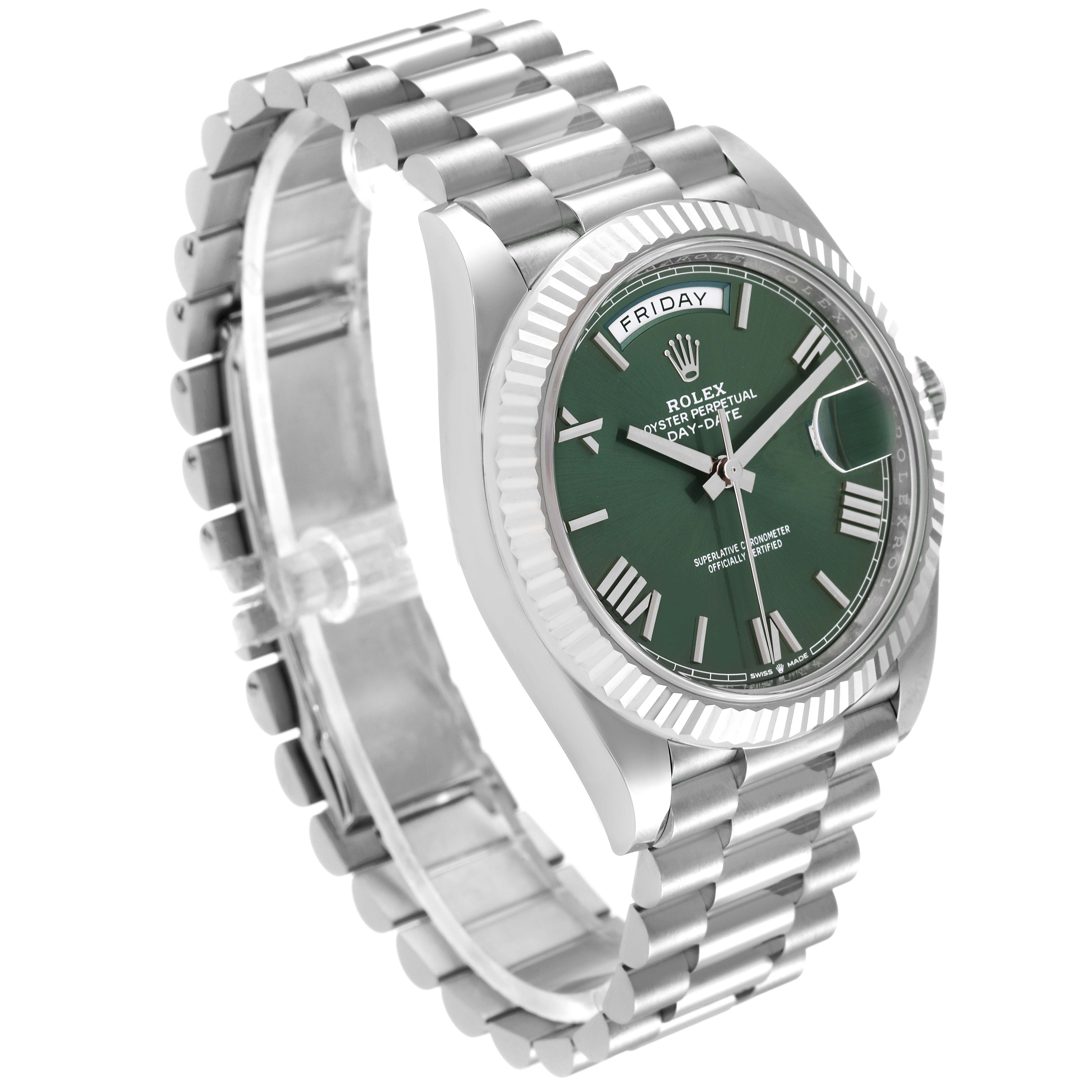 This image shows a Rolex President 228239 Men's White Gold Green Dial 228239 Men's White Gold Green Dial model watch from a three-quarter angle, displaying the face, bezel, and bracelet.