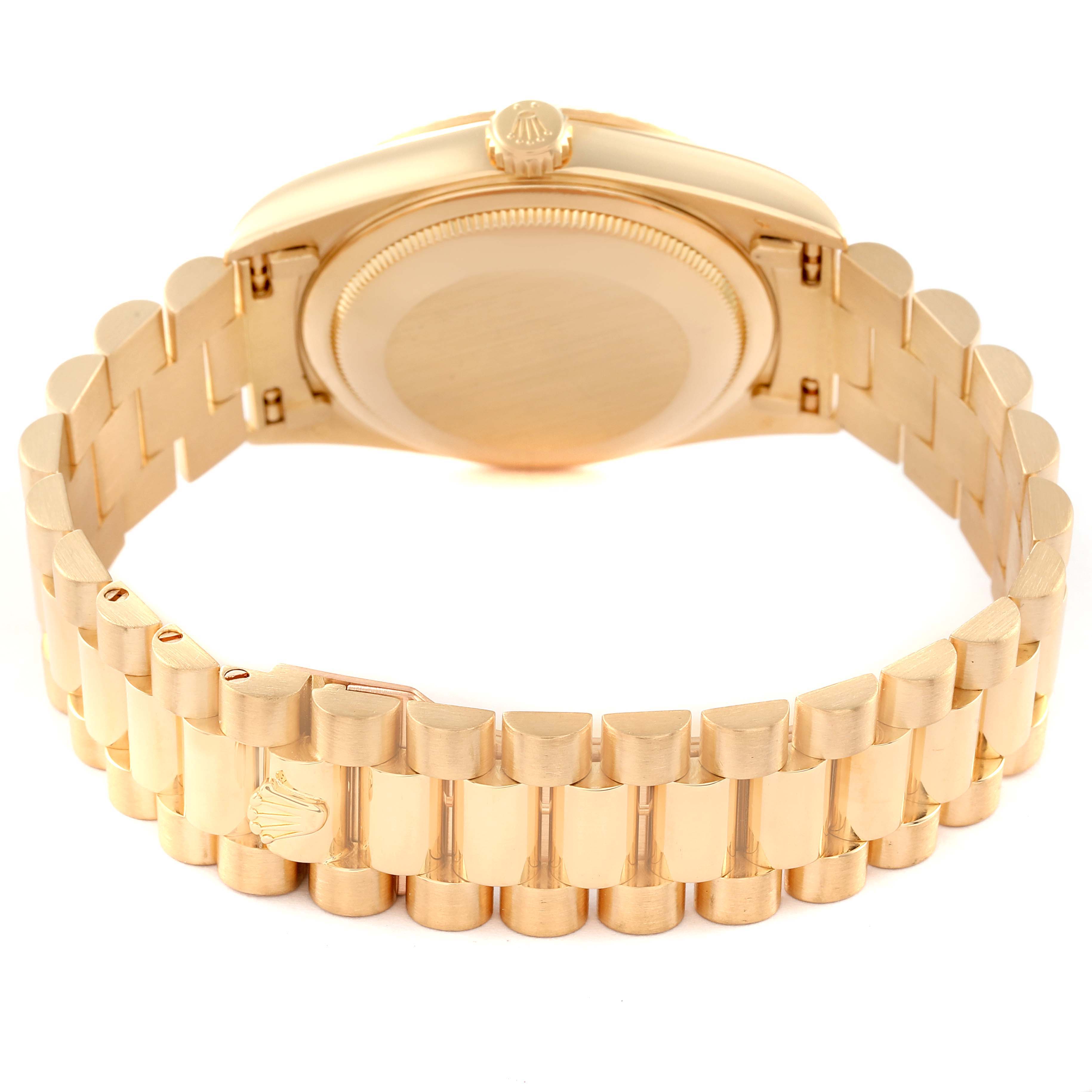 The image shows the back view of a Rolex President 18238 Men's Yellow Gold Champagne Dial 18238 Men's Yellow Gold Champagne Dial model watch, featuring the bracelet, clasp, and case back.