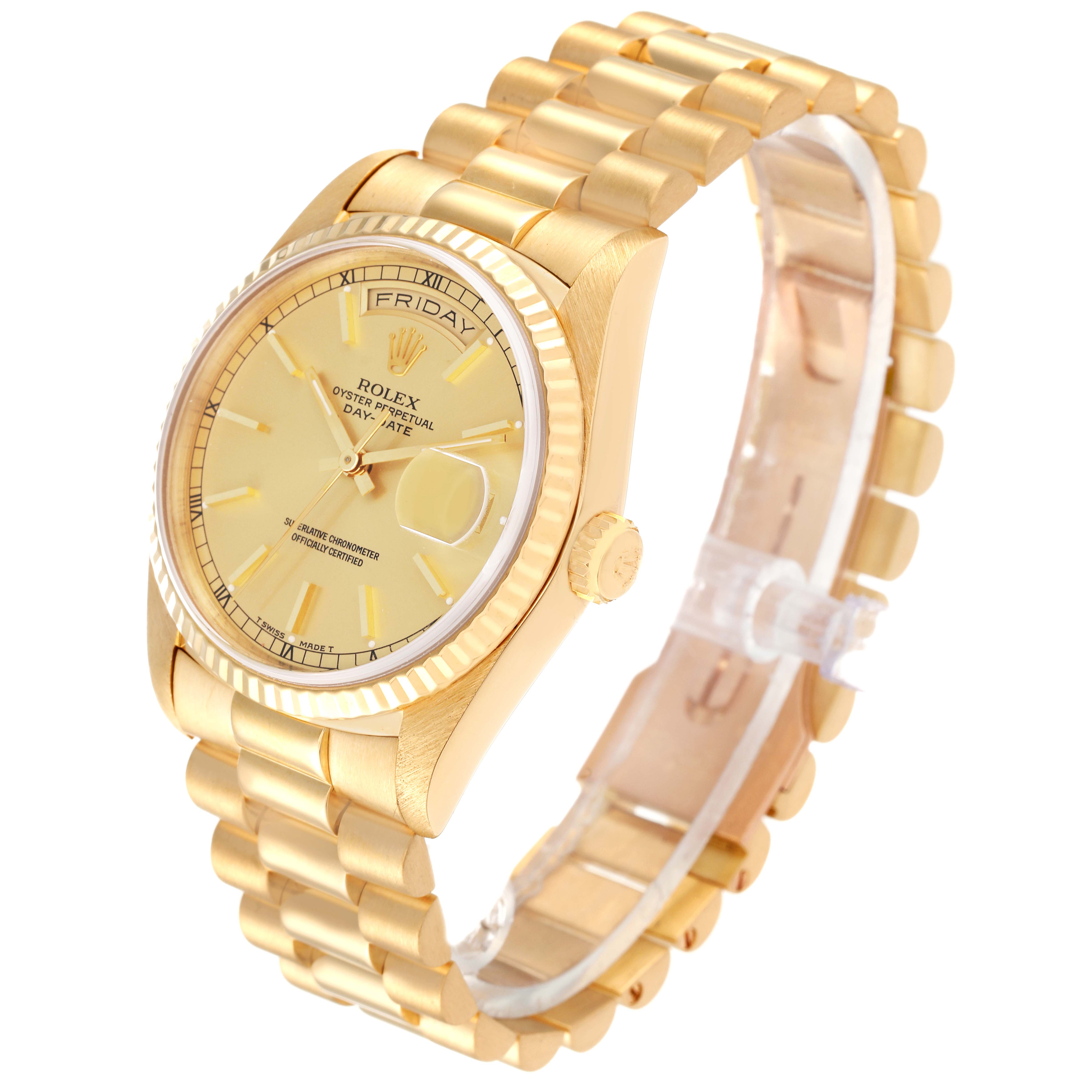 The image shows a Rolex President 18238 Men's Yellow Gold Champagne Dial 18238 Men's Yellow Gold Champagne Dial model watch from a front right angle, highlighting its gold bracelet and dial.