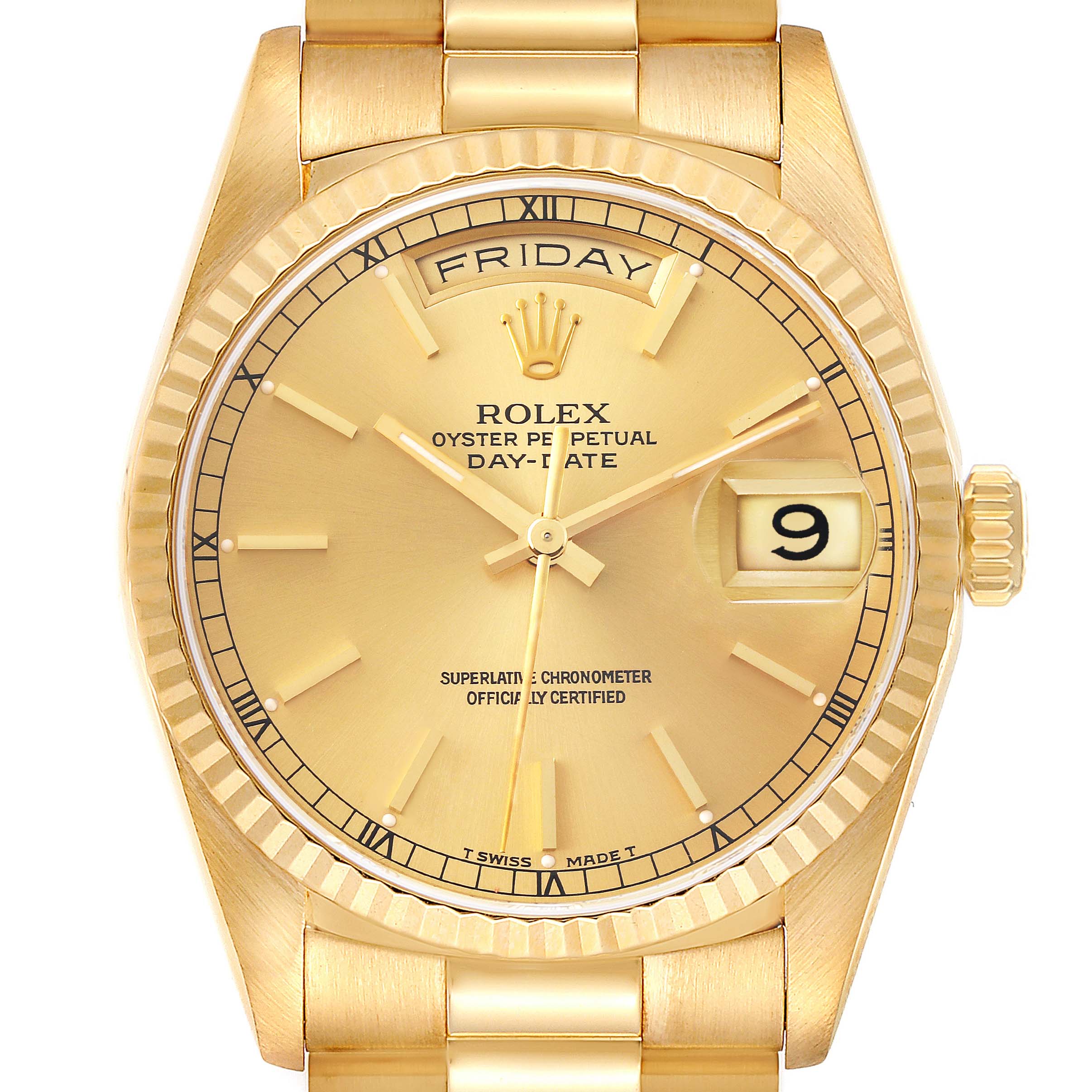 The image shows a close-up of the Rolex President 18238 Men's Yellow Gold Champagne Dial 18238 Men's Yellow Gold Champagne Dial watch's face, displaying the day, date, and hour markers, along with the crown and bezel.