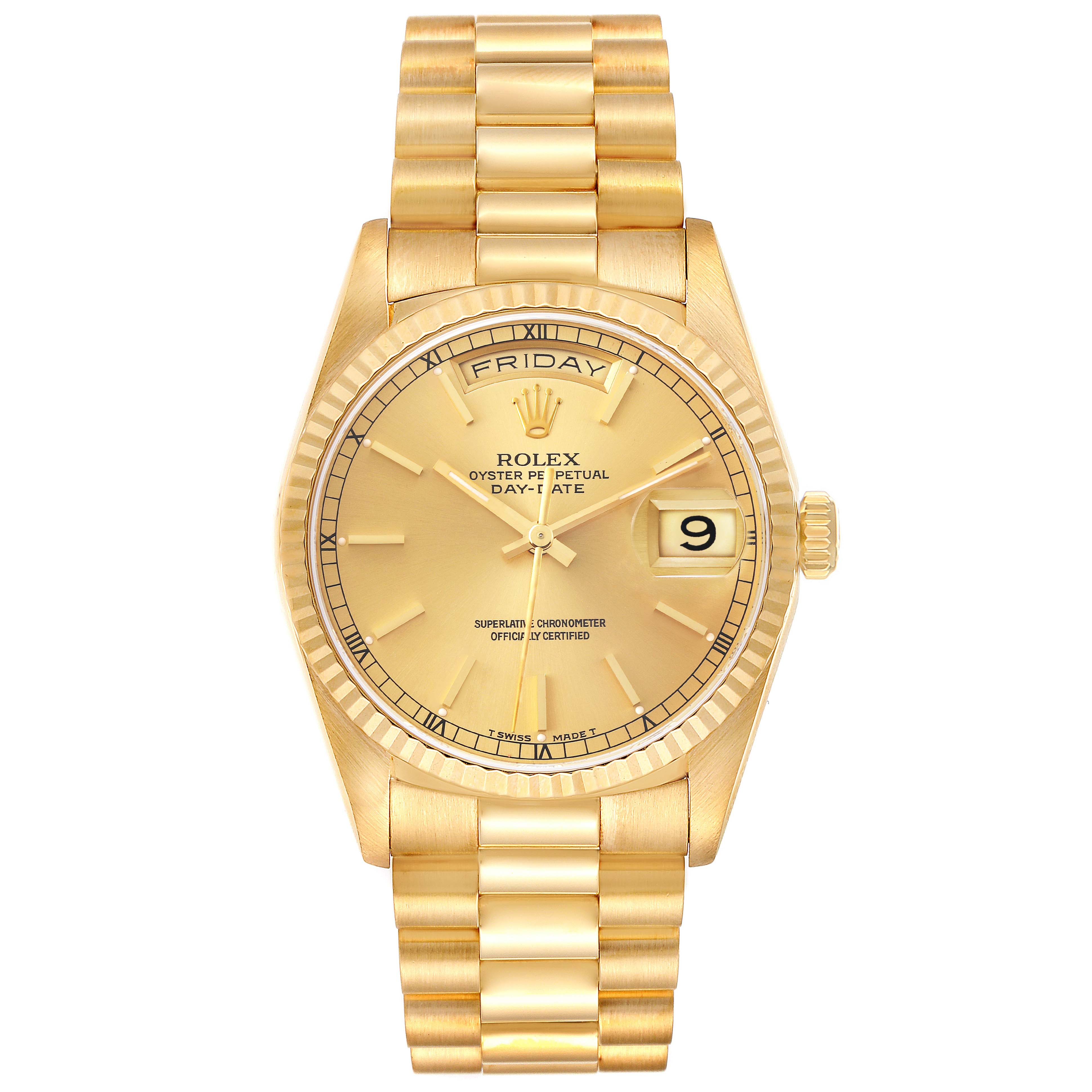 This image shows a front view of a Rolex President 18238 Men's Yellow Gold Champagne Dial 18238 Men's Yellow Gold Champagne Dial model watch, displaying the face, bezel, and bracelet.