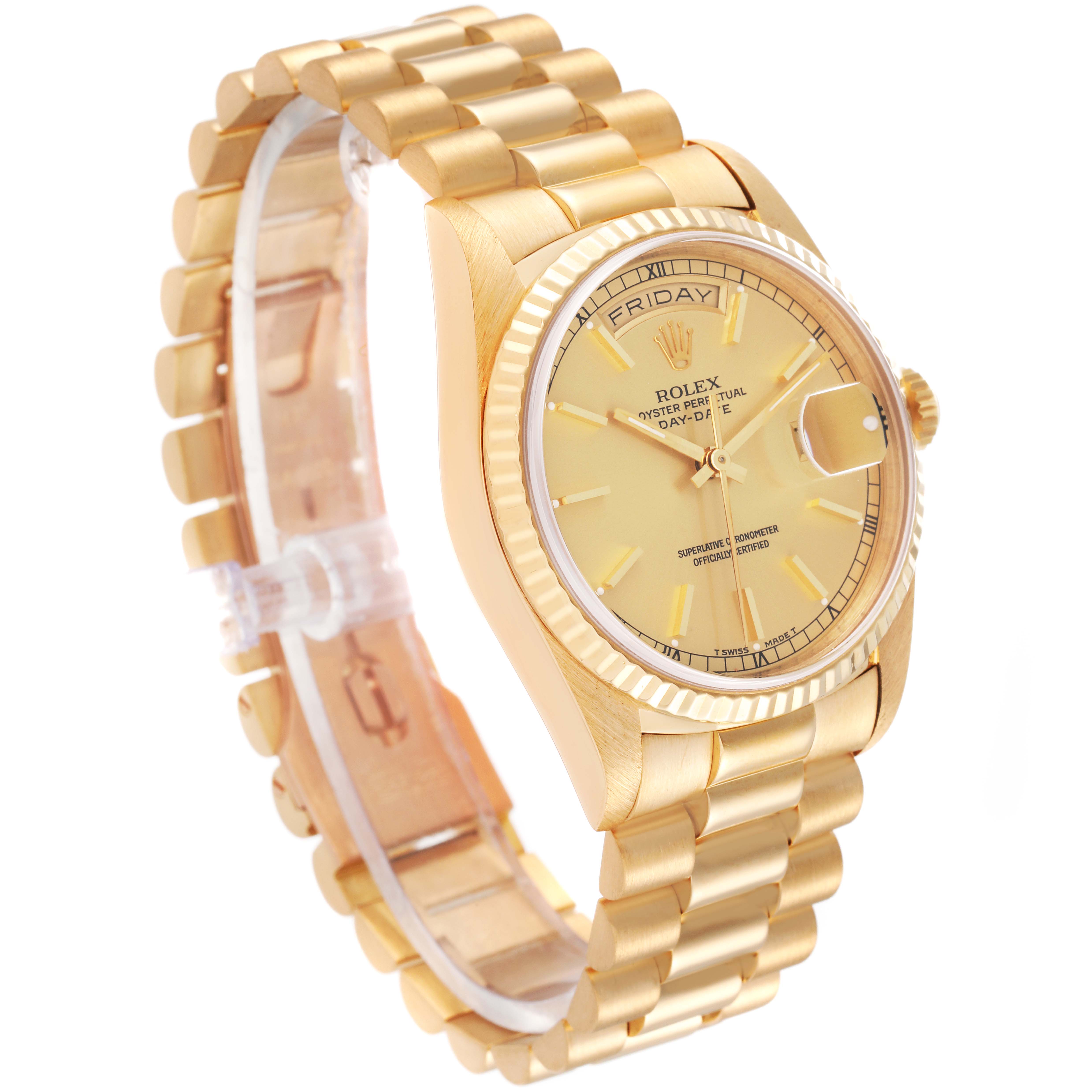 The Rolex President 18238 Men's Yellow Gold Champagne Dial 18238 Men's Yellow Gold Champagne Dial model watch is shown at an angled side view, displaying the dial, bezel, and bracelet.