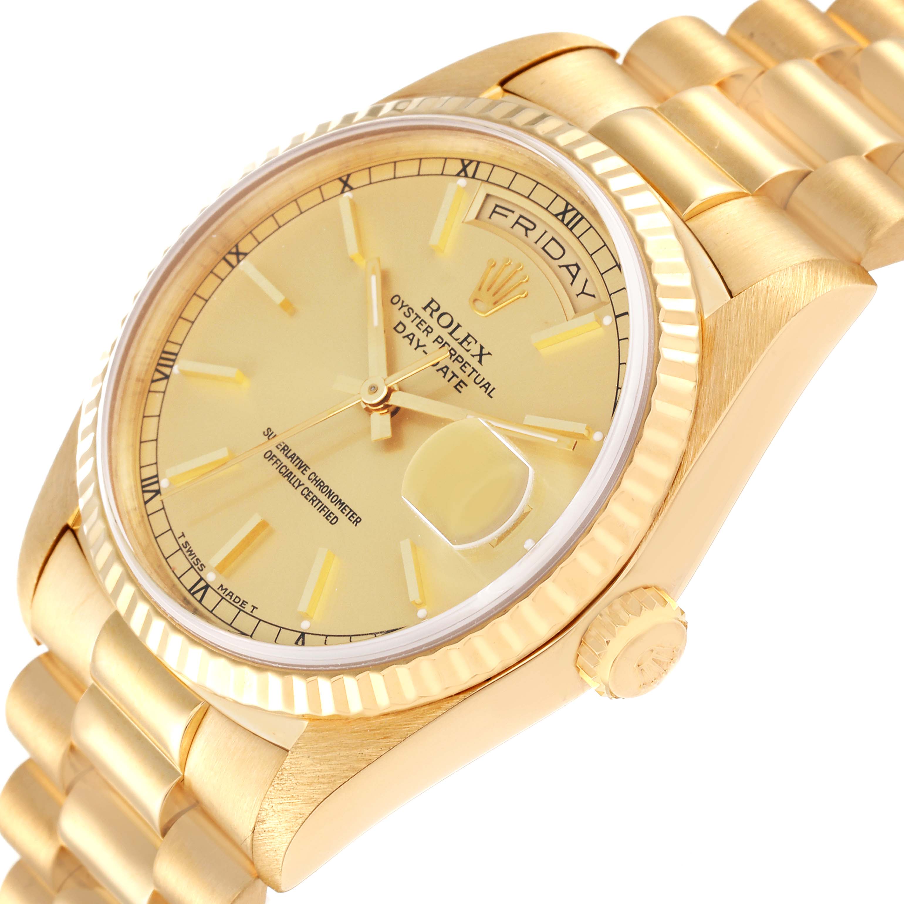 This image shows a side angle view of a Rolex President 18238 Men's Yellow Gold Champagne Dial 18238 Men's Yellow Gold Champagne Dial model, highlighting the dial, crown, and part of the bracelet.