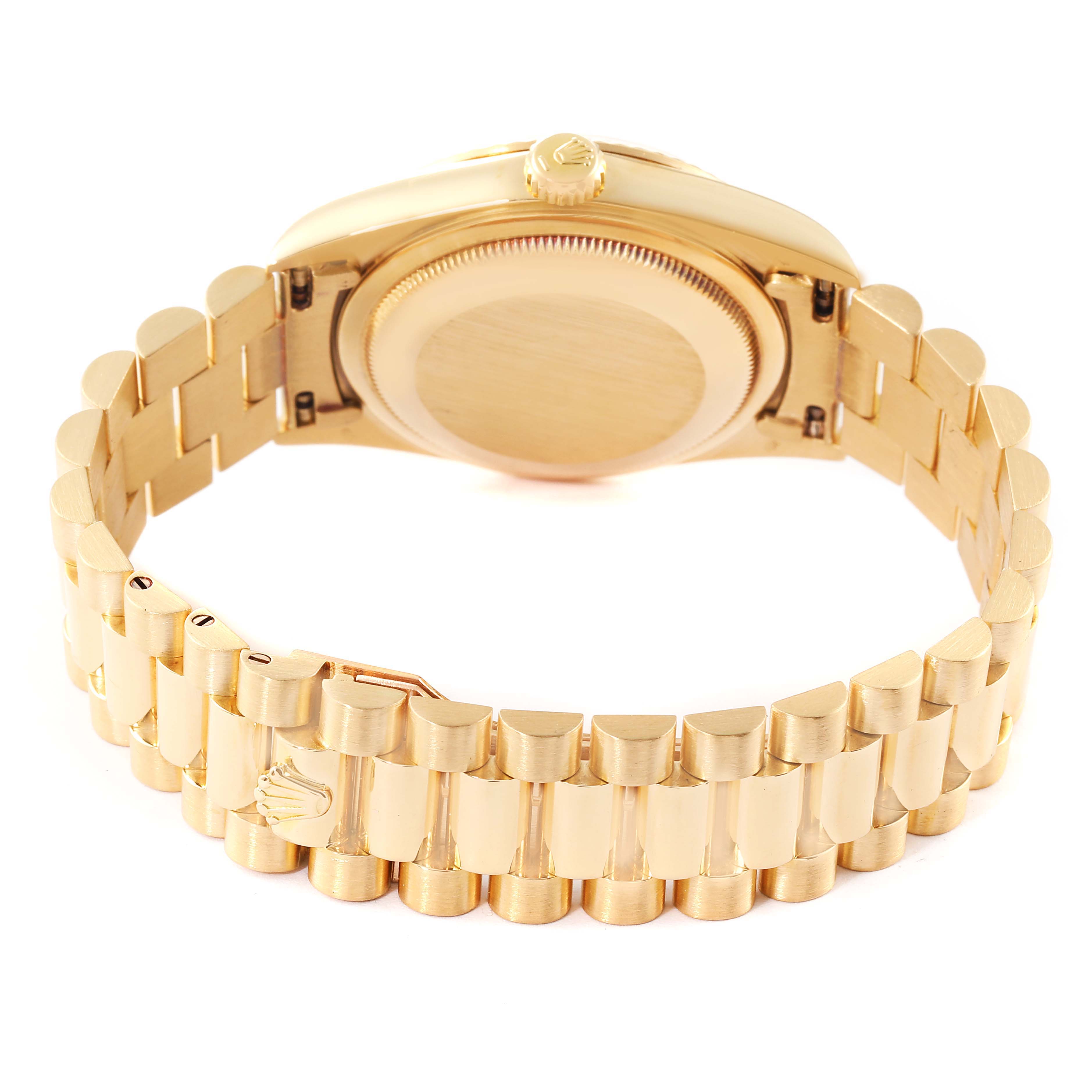 This image shows the back case and bracelet of the Rolex President 18238 Men's Yellow Gold Champagne Dial 18238 Men's Yellow Gold Champagne Dial model watch.