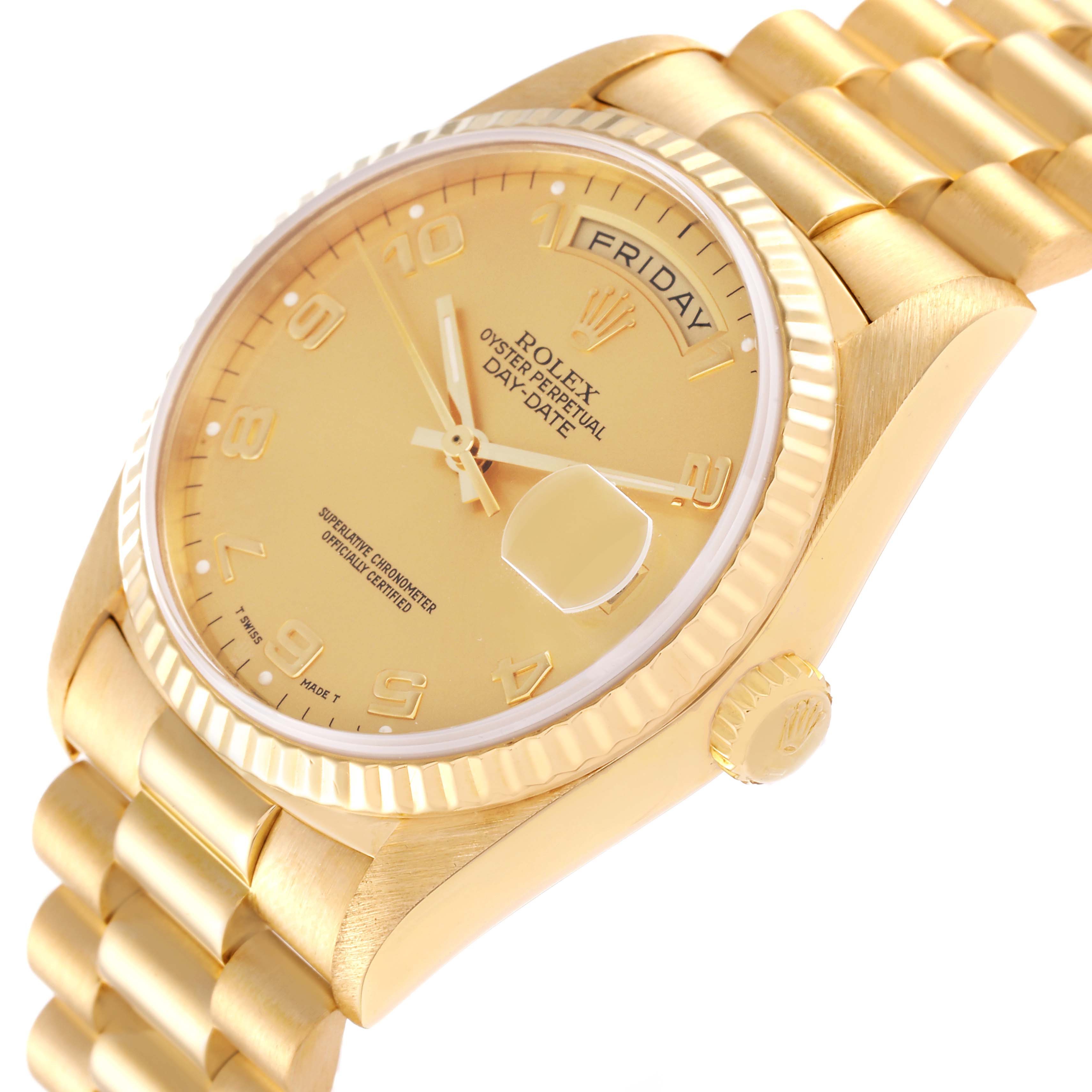 The image shows a side view of a Rolex President 18238 Men's Yellow Gold Champagne Dial 18238 Men's Yellow Gold Champagne Dial model watch, highlighting its gold dial, case, bezel, and part of the bracelet.