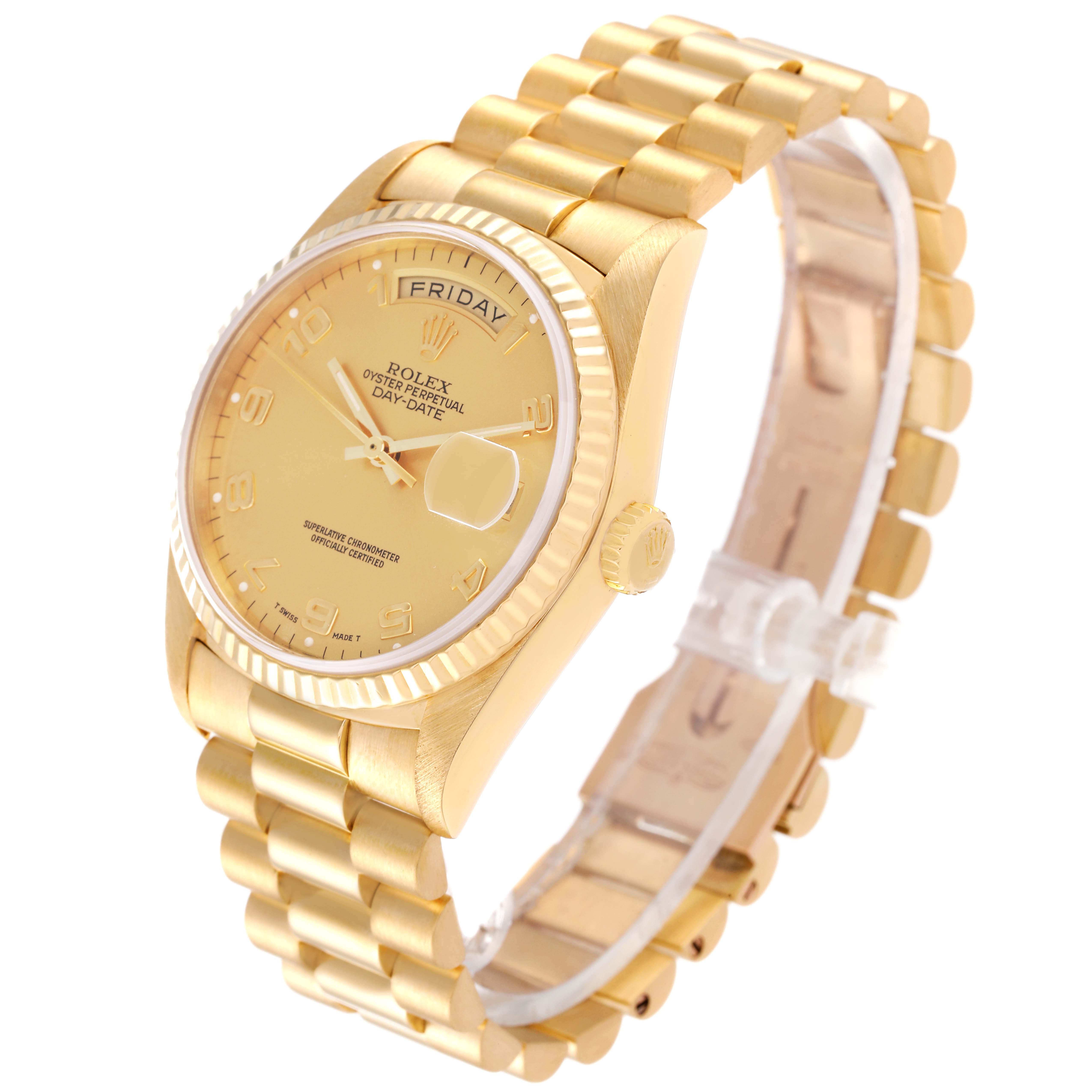 This image shows a Rolex President 18238 Men's Yellow Gold Champagne Dial 18238 Men's Yellow Gold Champagne Dial model watch at a three-quarter angle, displaying the dial, case, and bracelet.