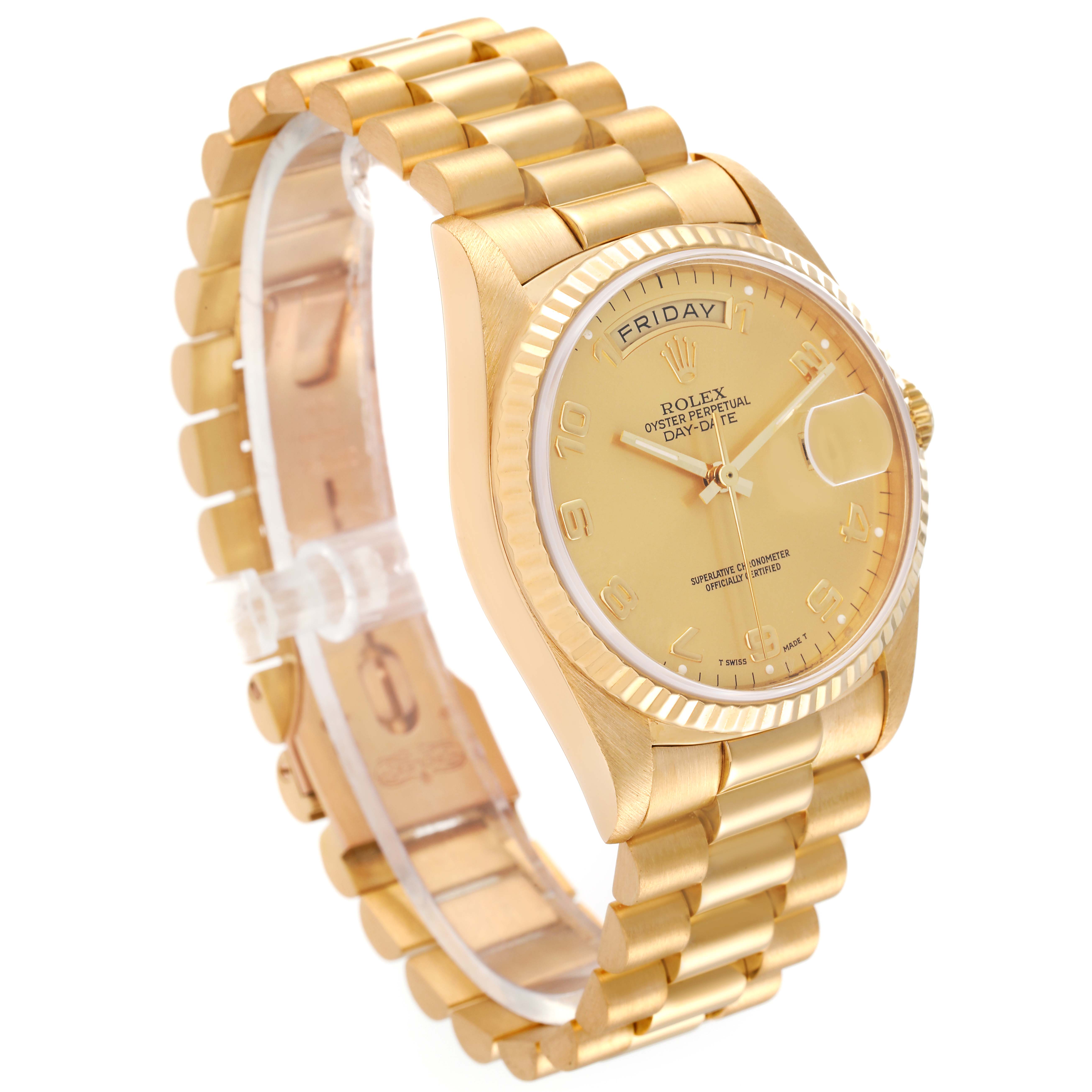 The image shows a side angle of a Rolex President 18238 Men's Yellow Gold Champagne Dial 18238 Men's Yellow Gold Champagne Dial model watch, highlighting its gold bracelet and dial.