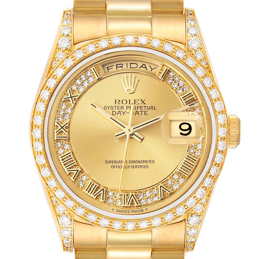 Rolex President Day-Date Yellow Gold Myriad Diamond Mens Watch 18388 SwissWatchExpo