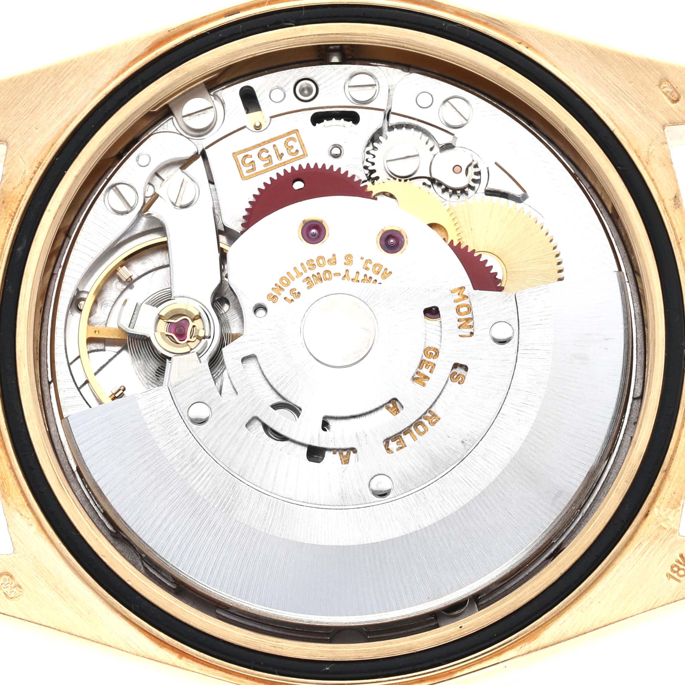 The image shows the internal movement mechanism of a Rolex President 18388 Men's Yellow Gold Champagne Dial 18388 Men's Yellow Gold Champagne Dial model watch, viewed from the back.