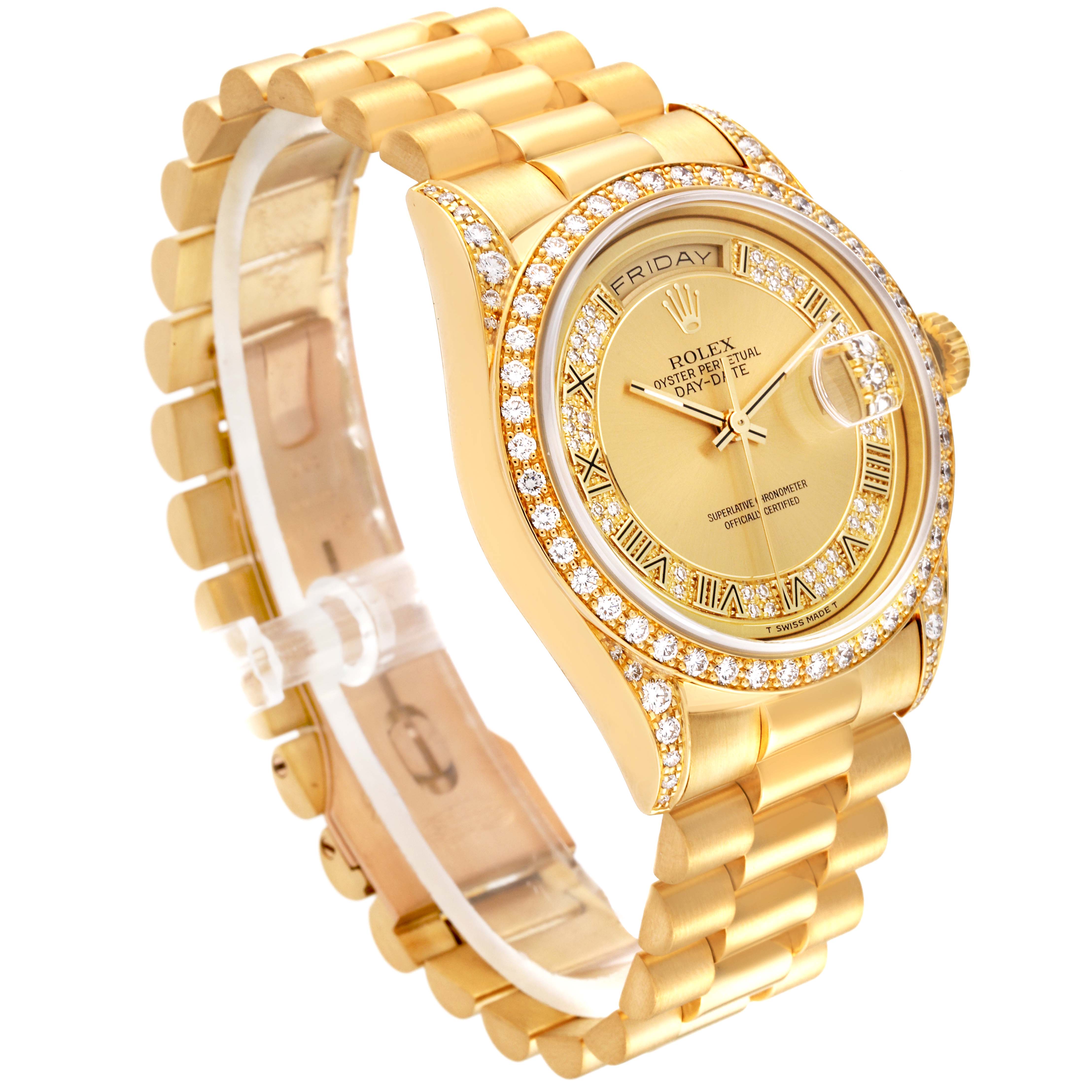 The image shows a President model Rolex watch angled to display the dial, bezel, and part of the bracelet.