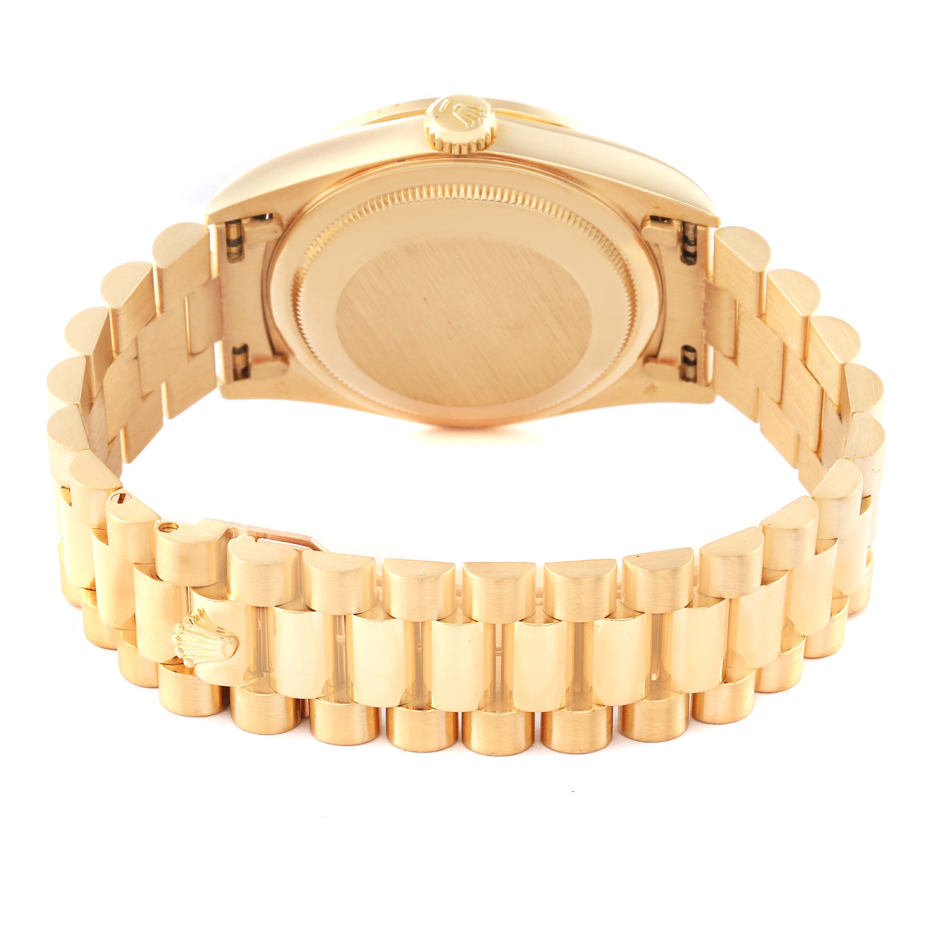 This image shows the back, bracelet, and clasp of a Rolex President 18388 Men's Yellow Gold Champagne Dial 18388 Men's Yellow Gold Champagne Dial model watch with a gold finish.