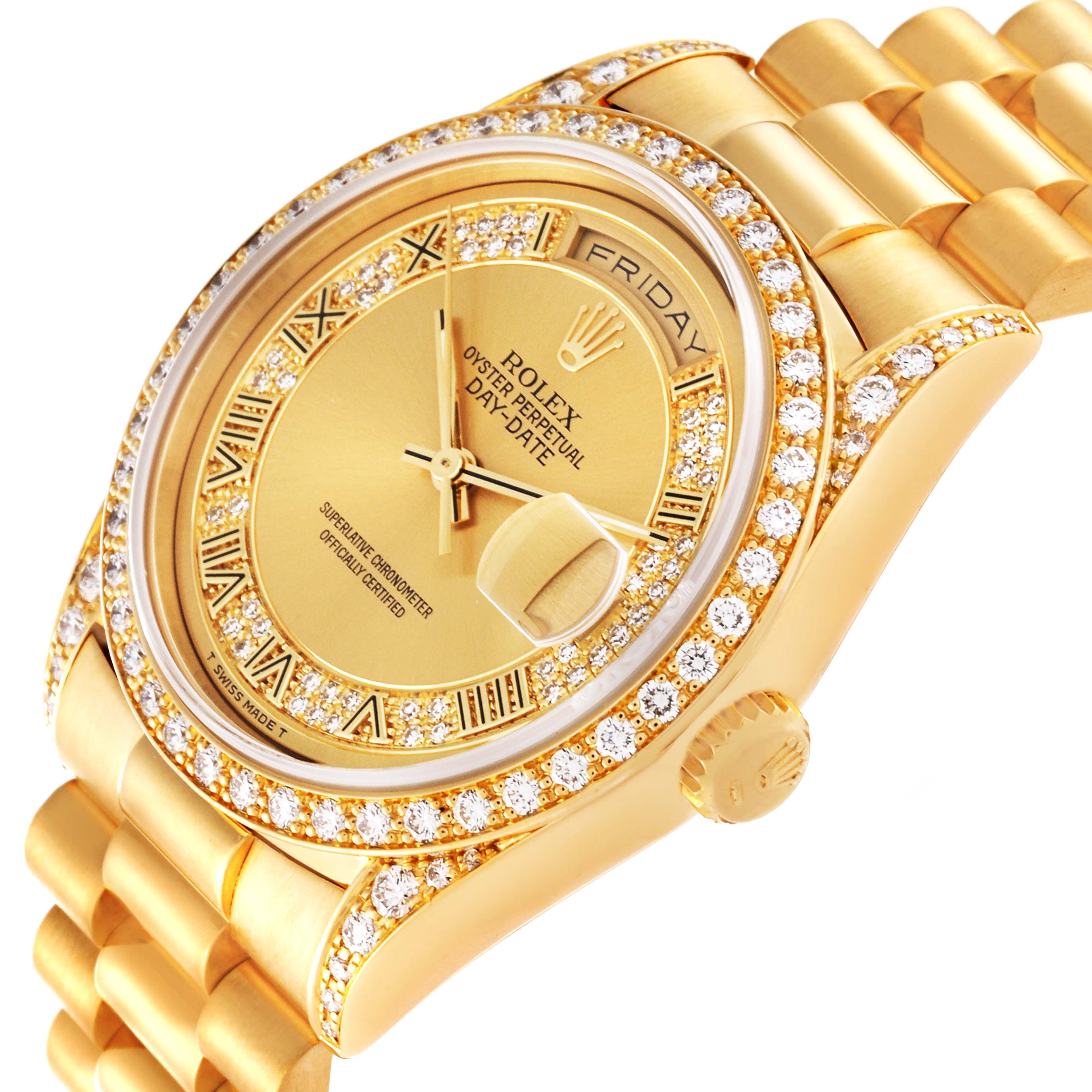 The image shows the dial, bezel, and part of the bracelet of a Rolex President 18388 Men's Yellow Gold Champagne Dial 18388 Men's Yellow Gold Champagne Dial watch at a slight angle.