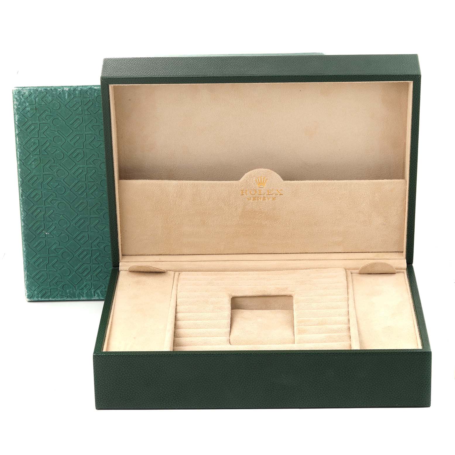 This image shows an open green box for a Rolex President 18388 Men's Yellow Gold Champagne Dial 18388 Men's Yellow Gold Champagne Dial model watch, with a beige interior and slots for the watch and accessories.