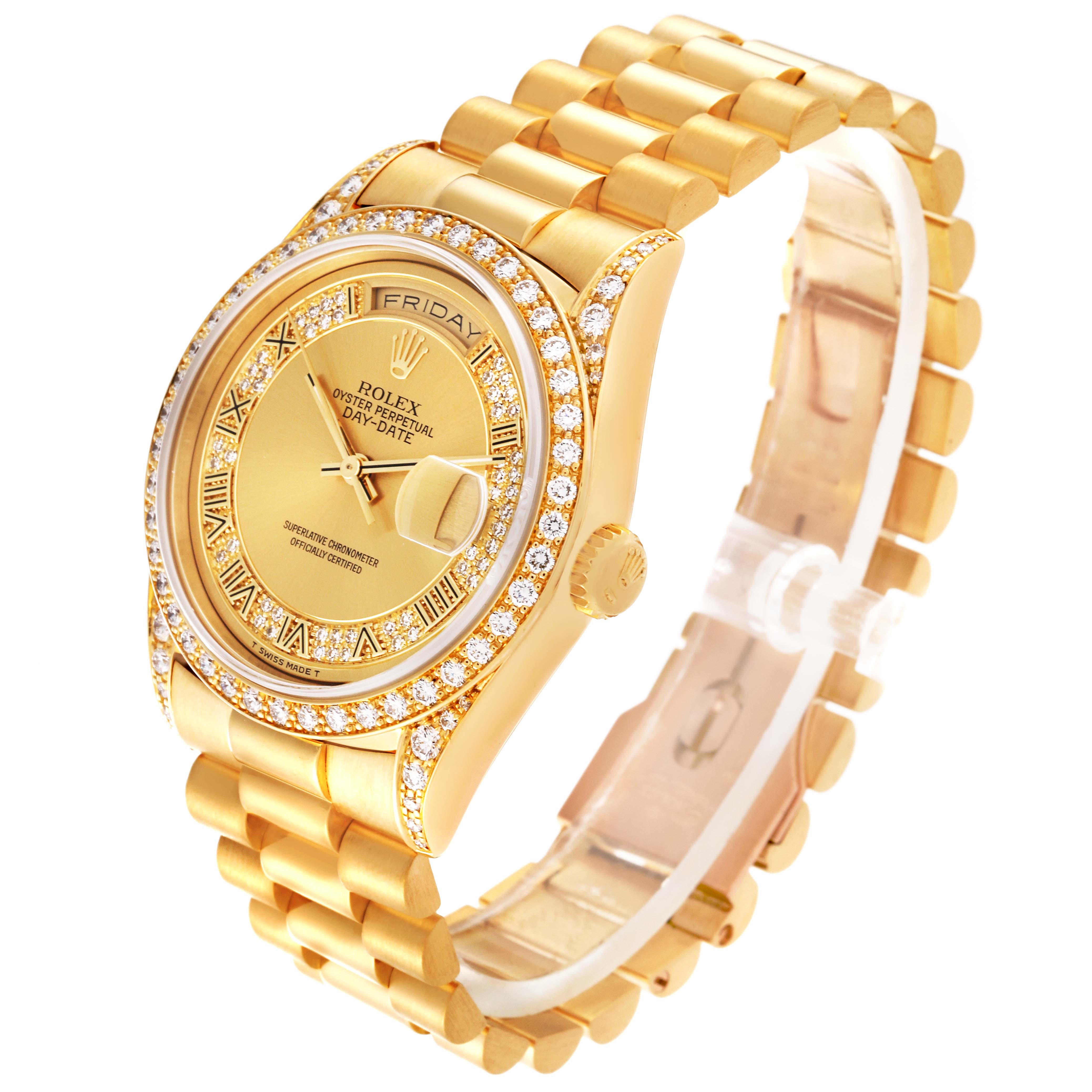 This is a side angle of the Rolex President 18388 Men's Yellow Gold Champagne Dial 18388 Men's Yellow Gold Champagne Dial model watch, showing its golden bracelet, bezel, and dial.