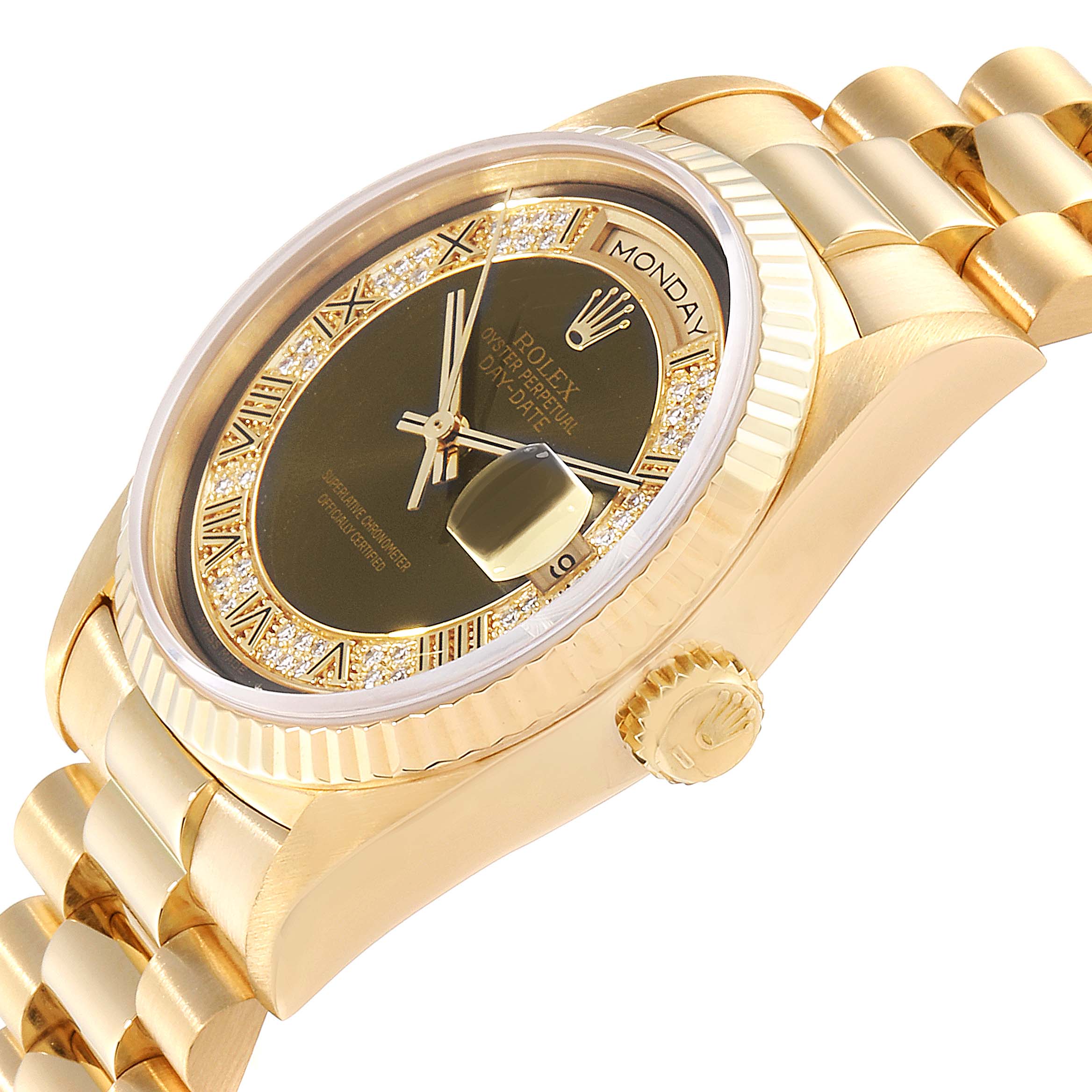 The image shows a close-up angled side view of a Rolex President 18238 Men's Yellow Gold Brown Dial 18238 Men's Yellow Gold Brown Dial model watch, highlighting the dial, crown, and part of the bracelet.