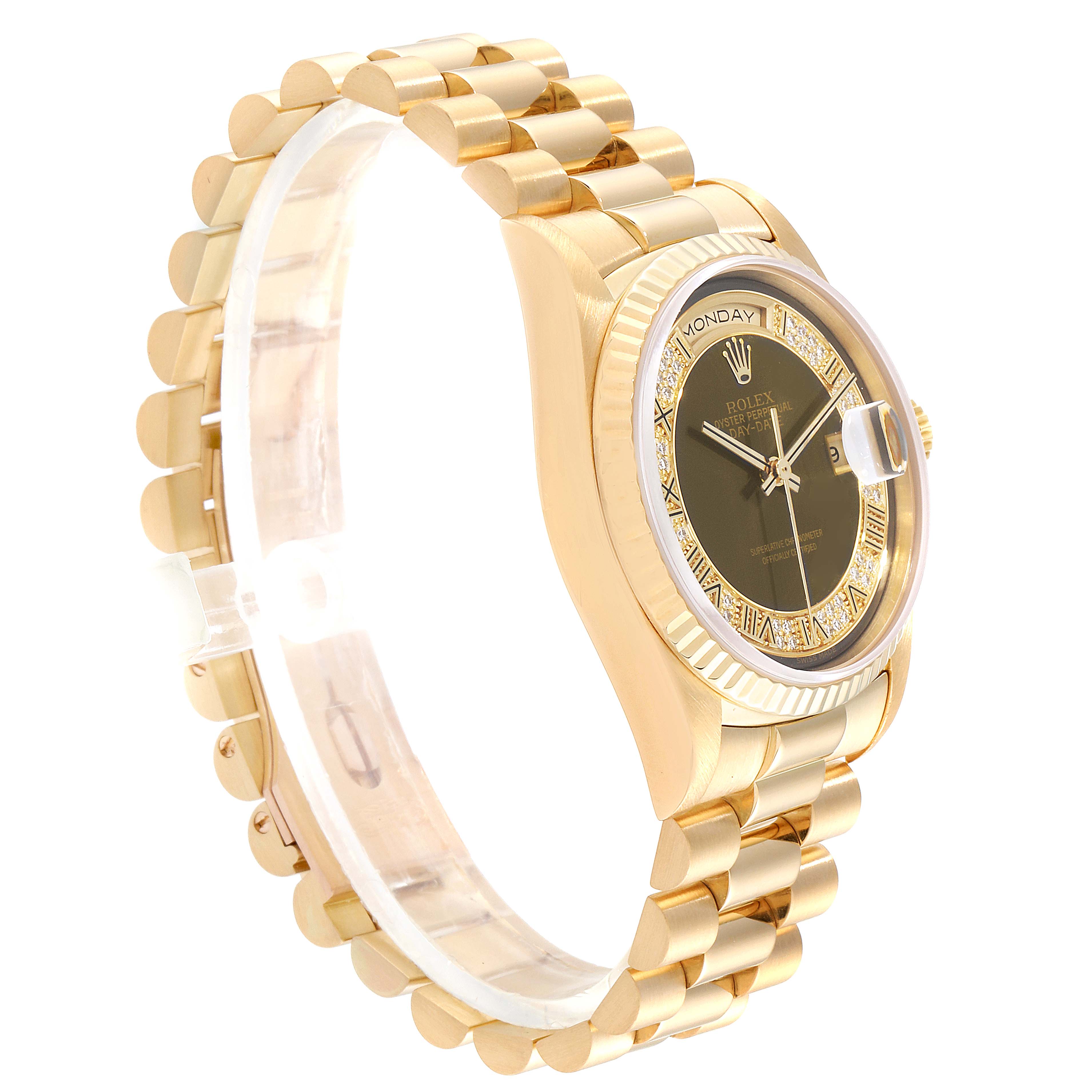 The image shows a side angle of the Rolex President 18238 Men's Yellow Gold Brown Dial 18238 Men's Yellow Gold Brown Dial model, highlighting its golden bracelet, bezel, and face.