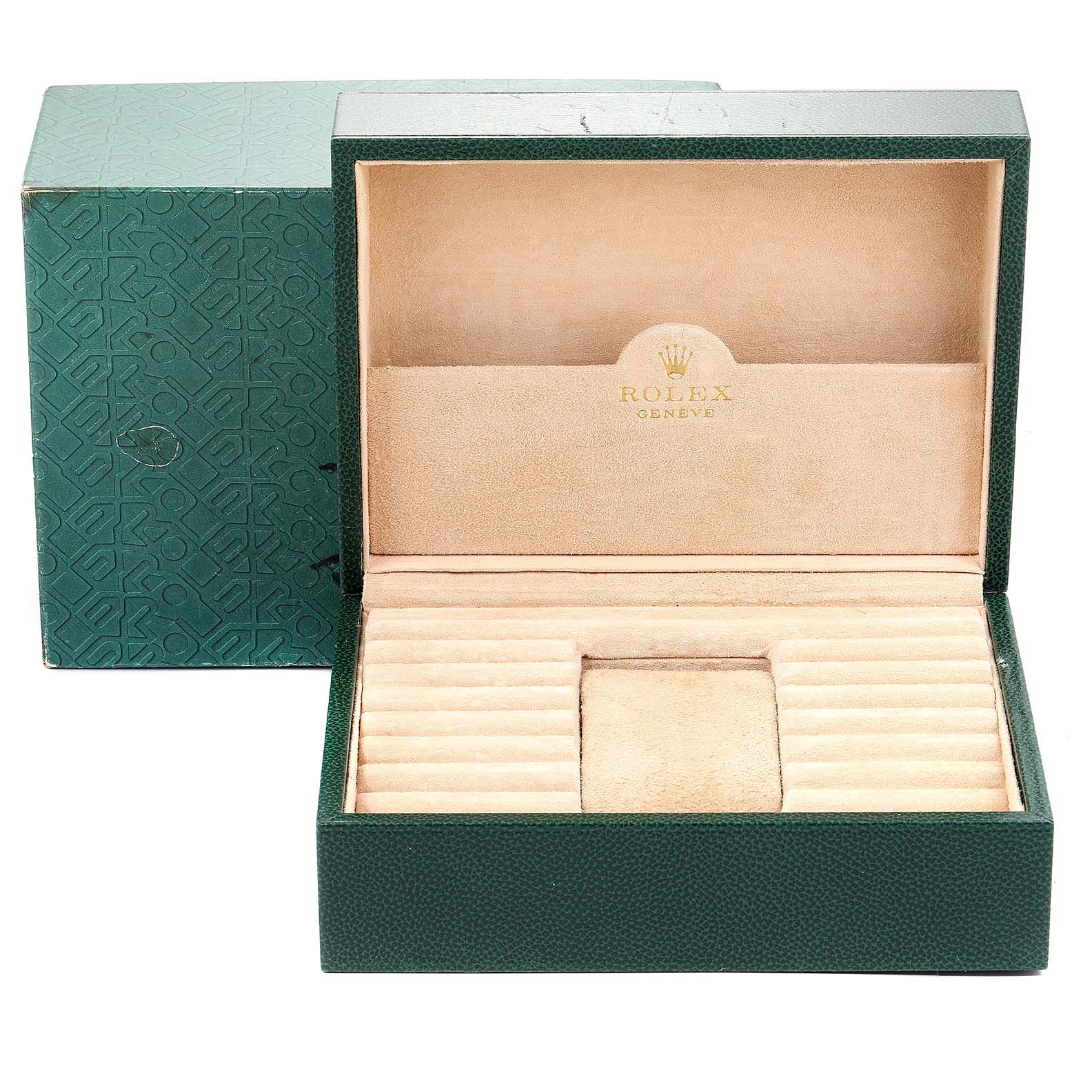 This image shows the open packaging box and inner case for the Rolex President 18238 Men's Yellow Gold Brown Dial 18238 Men's Yellow Gold Brown Dial model watch.