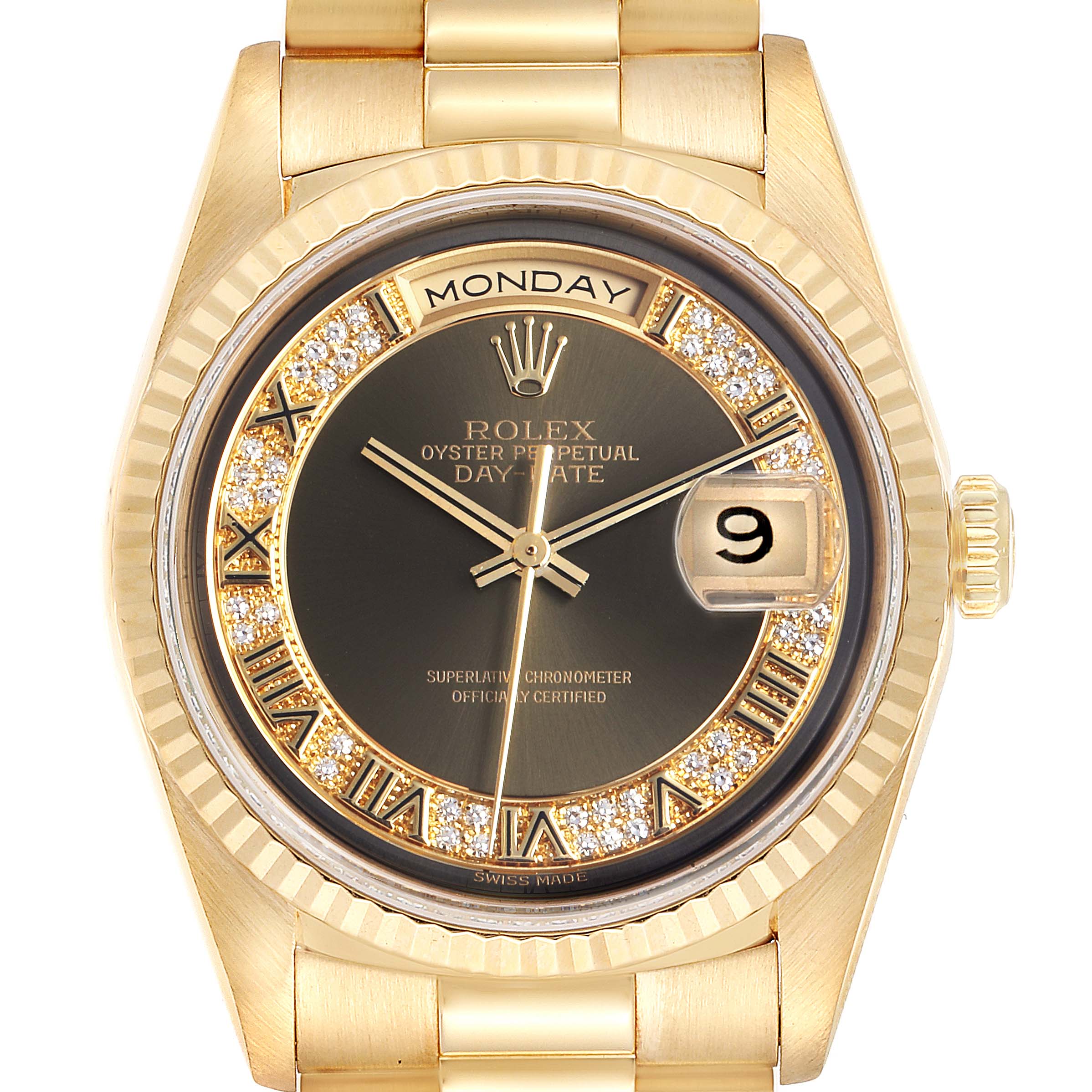 This image shows the front view of the Rolex President 18238 Men's Yellow Gold Brown Dial 18238 Men's Yellow Gold Brown Dial model, highlighting its gold case, bracelet, and diamond hour markers.