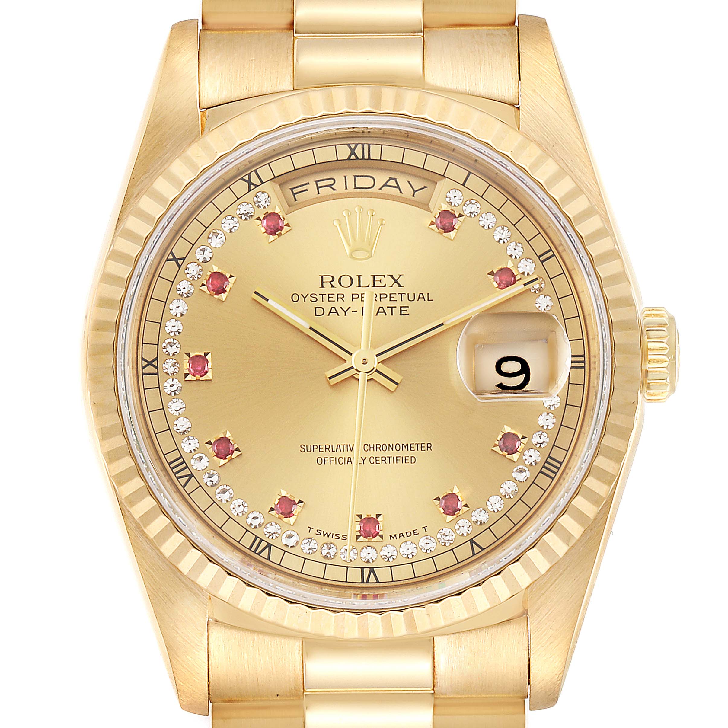 Rolex President Day-Date Yellow Gold String Diamond Ruby Dial Watch ...