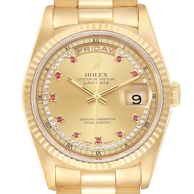 Rolex President Day-Date Yellow Gold String Diamond Ruby Dial Watch 18238 SwissWatchExpo