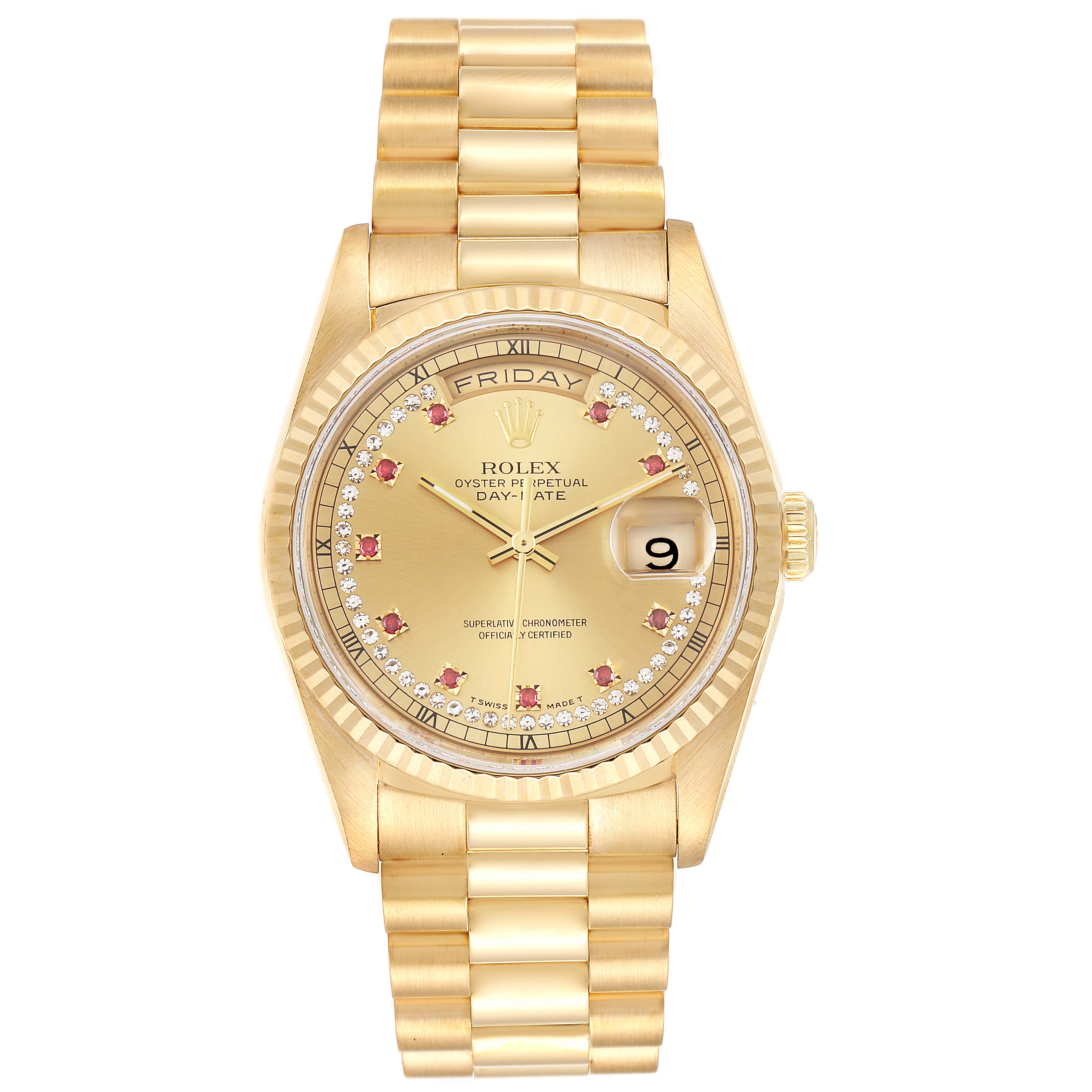 This image shows a frontal view of the Rolex President 18238 Men
s Yellow Gold Champagne Dial 18238 Men
s Yellow Gold Champagne Dial watch model, highlighting its gold bracelet, dial, and bezel.