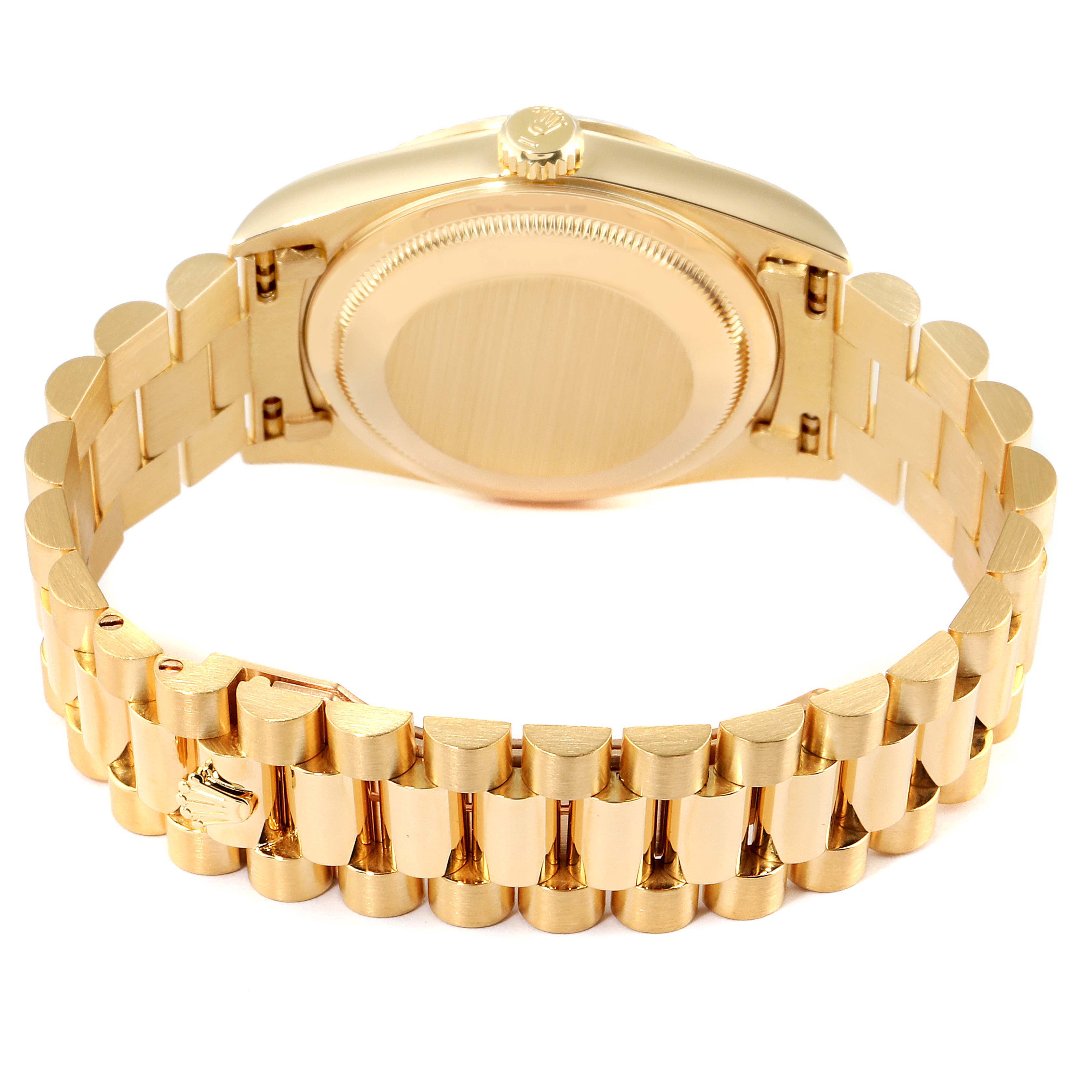 This image shows the back and bracelet of a Rolex President 18238 Men
s Yellow Gold Champagne Dial 18238 Men
s Yellow Gold Champagne Dial model watch from a rear angle.