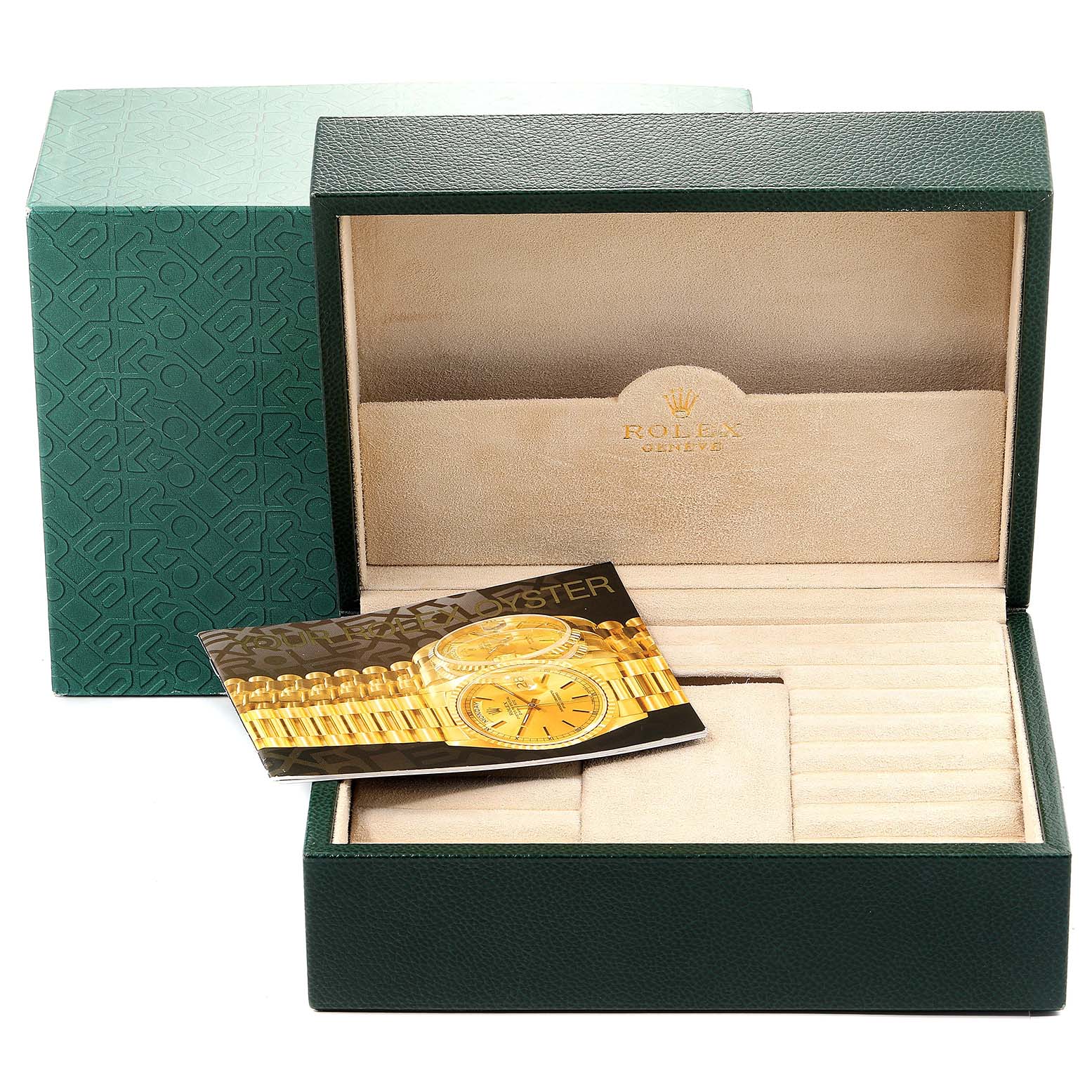 The image shows the presentation box and booklet for the Rolex President 18238 Men
s Yellow Gold Champagne Dial 18238 Men
s Yellow Gold Champagne Dial model watch.