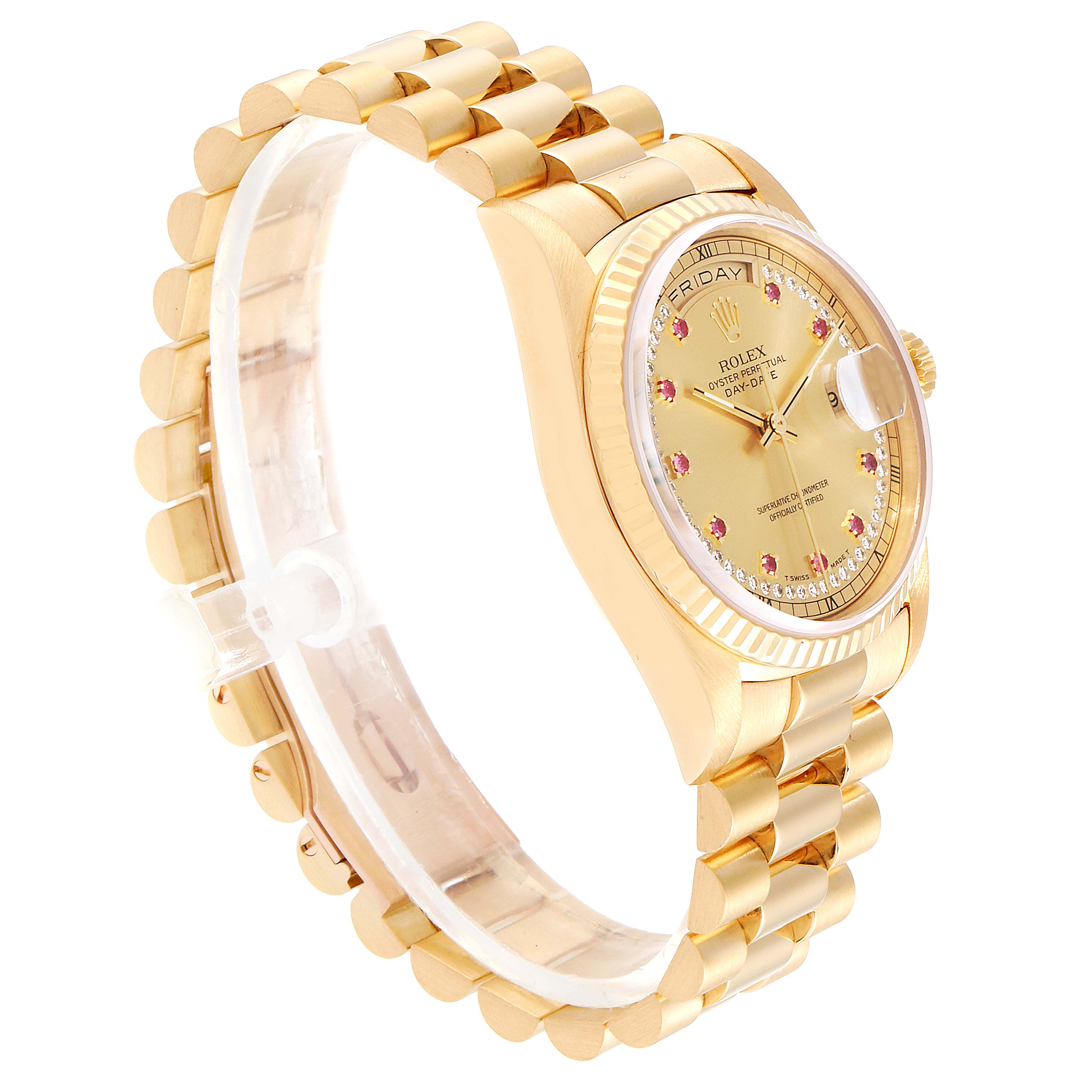 The Rolex President 18238 Men
s Yellow Gold Champagne Dial 18238 Men
s Yellow Gold Champagne Dial model watch is shown at a slight angle, displaying the dial, bezel, and bracelet.