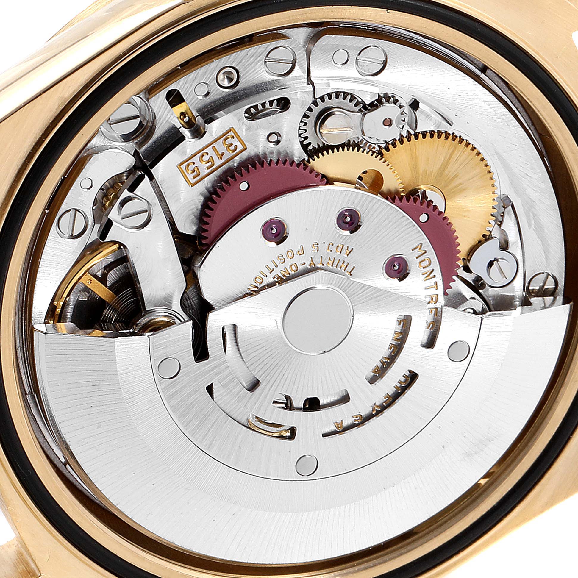 This image shows the inner mechanical components of a Rolex President 18238 Men
s Yellow Gold Champagne Dial 18238 Men
s Yellow Gold Champagne Dial model watch from a back view angle.
