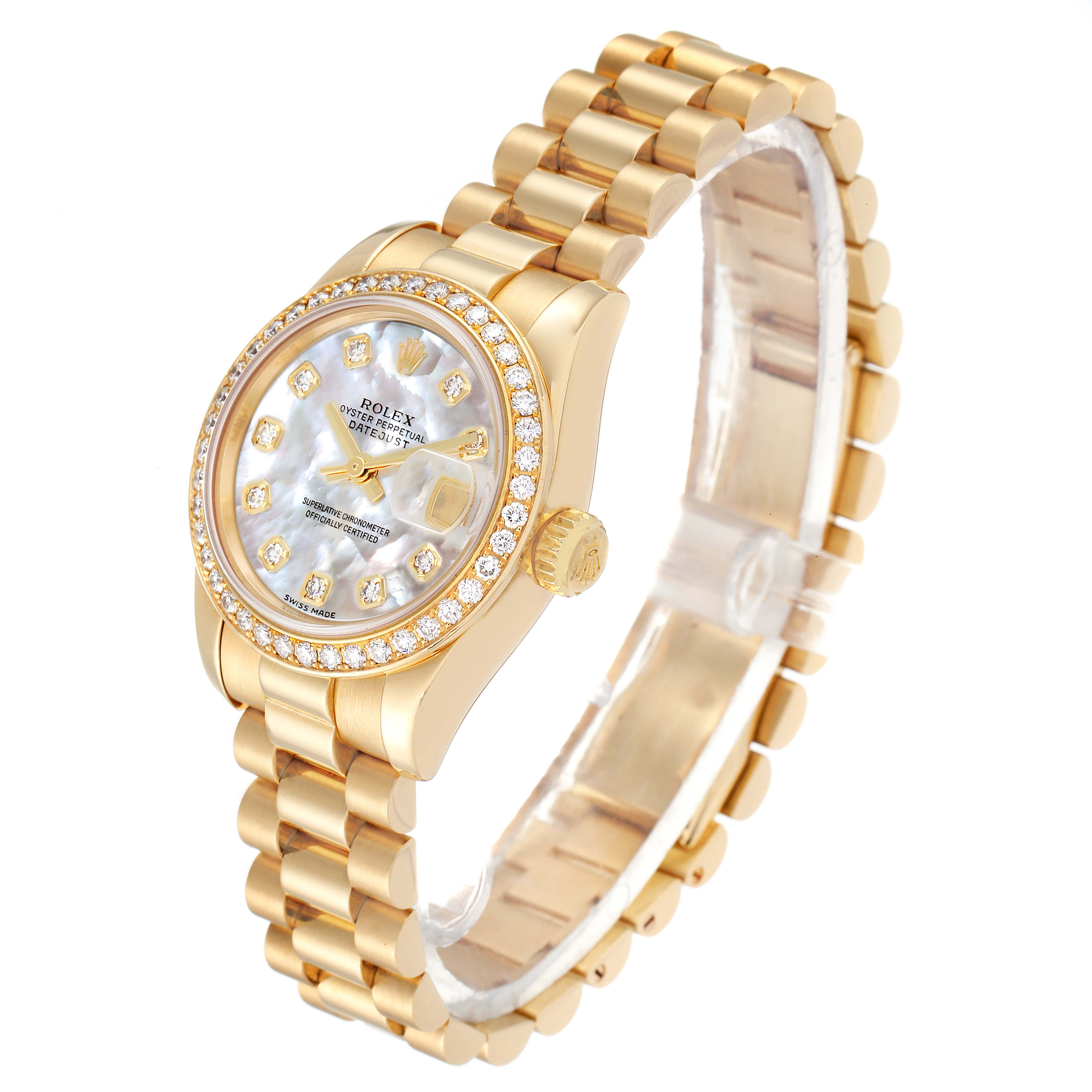 The image shows a side and front angle of a Rolex President 179138 Women
s Yellow Gold Mother of Pearl Dial 179138 Women
s Yellow Gold Mother of Pearl Dial model watch, highlighting its gold bracelet, bezel, and dial.