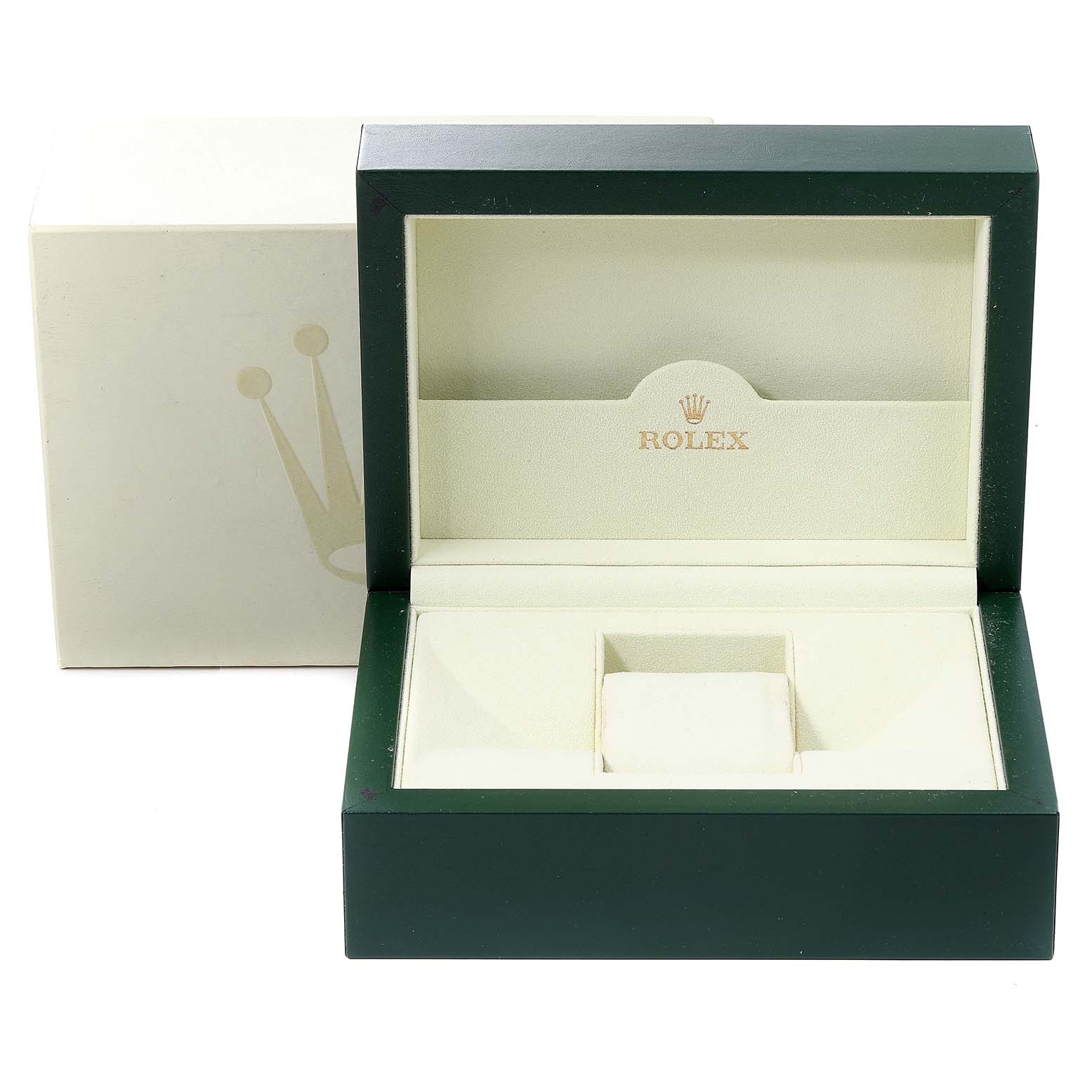 This image shows an open, empty Rolex watch box for the President model, with the internal cushion and logo visible.